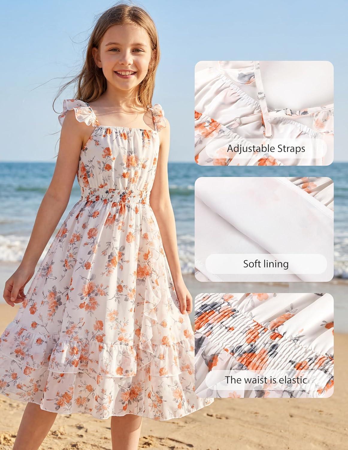 imageGRACE KARIN Girls Flutter Sleeve Smocked Floral Dresses Kids Easter Spring Summer Dress Teen Hawaiian Maxi Long DressesOrange Floral
