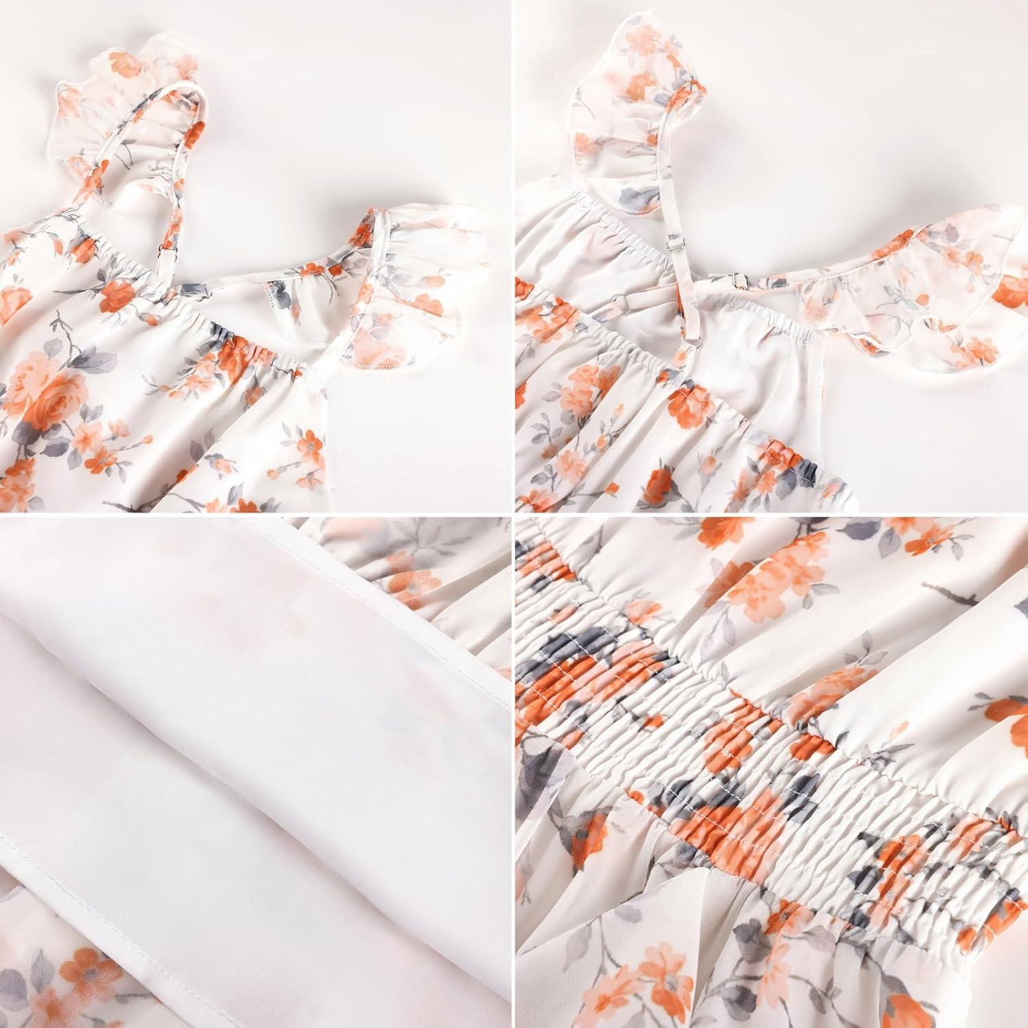 imageGRACE KARIN Girls Flutter Sleeve Smocked Floral Dresses Kids Easter Spring Summer Dress Teen Hawaiian Maxi Long DressesOrange Floral