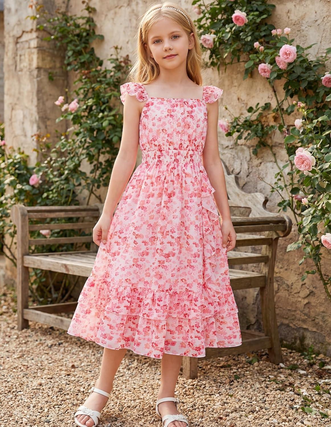 imageGRACE KARIN Girls Flutter Sleeve Smocked Floral Dresses Kids Easter Spring Summer Dress Teen Hawaiian Maxi Long DressesPink Floral