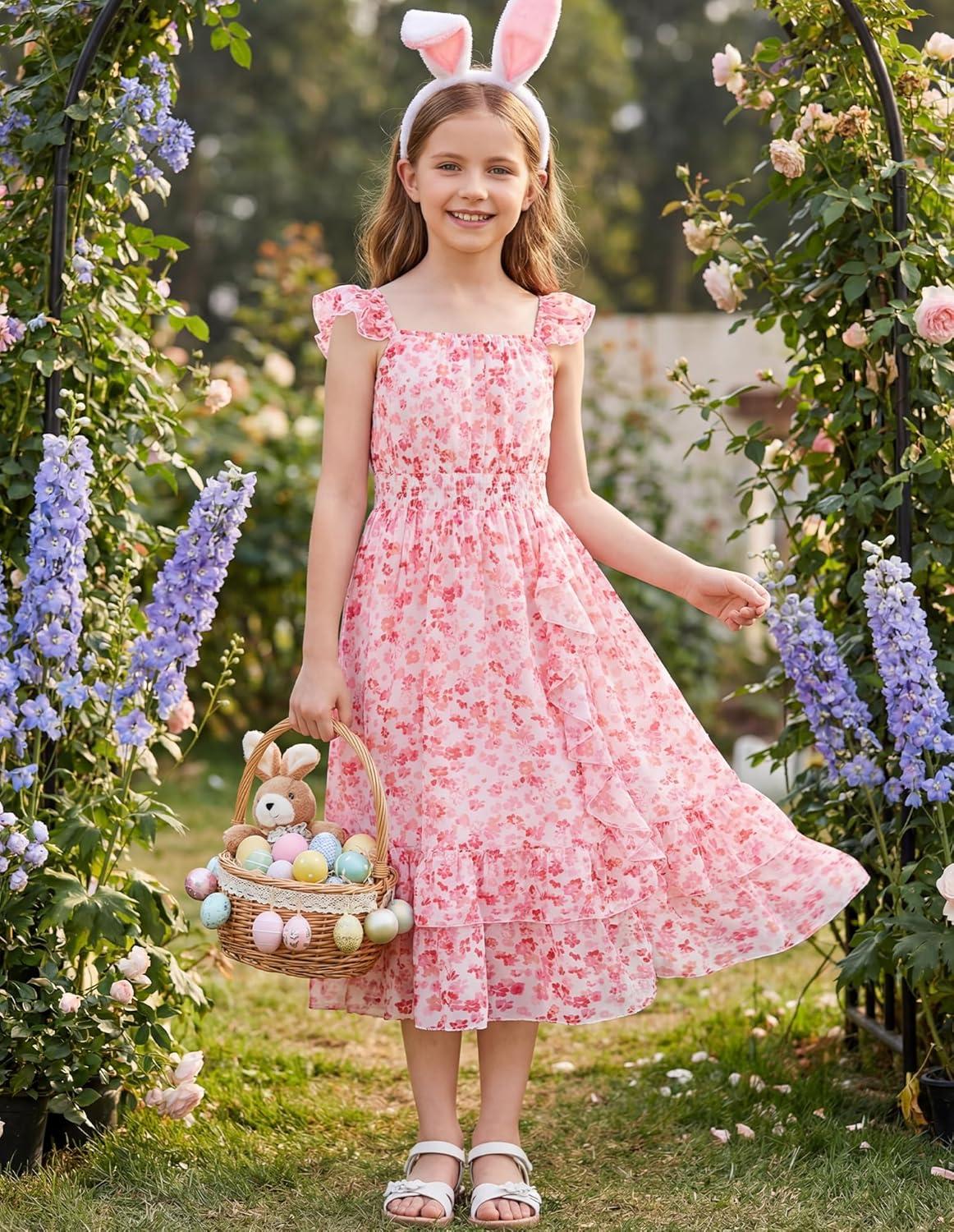 imageGRACE KARIN Girls Flutter Sleeve Smocked Floral Dresses Kids Easter Spring Summer Dress Teen Hawaiian Maxi Long DressesPink Floral