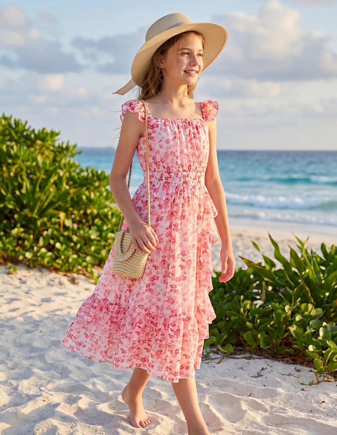 imageGRACE KARIN Girls Flutter Sleeve Smocked Floral Dresses Kids Easter Spring Summer Dress Teen Hawaiian Maxi Long DressesPink Floral