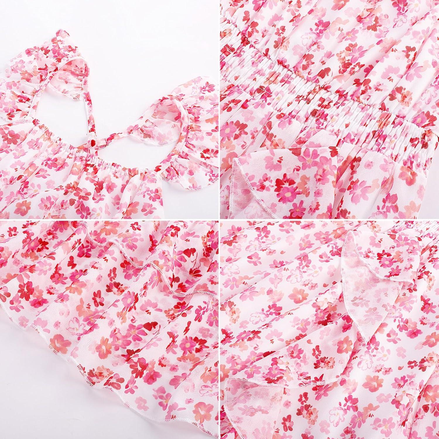 imageGRACE KARIN Girls Flutter Sleeve Smocked Floral Dresses Kids Easter Spring Summer Dress Teen Hawaiian Maxi Long DressesPink Floral