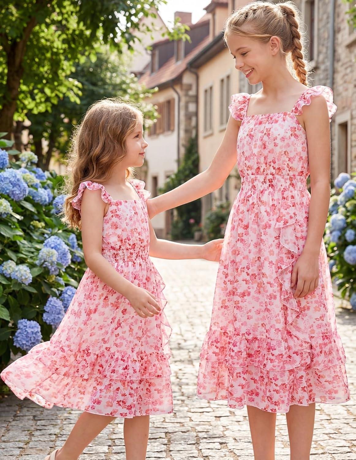 imageGRACE KARIN Girls Flutter Sleeve Smocked Floral Dresses Kids Easter Spring Summer Dress Teen Hawaiian Maxi Long DressesPink Floral