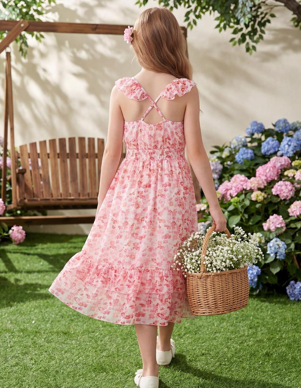 imageGRACE KARIN Girls Flutter Sleeve Smocked Floral Dresses Kids Easter Spring Summer Dress Teen Hawaiian Maxi Long DressesPink Floral