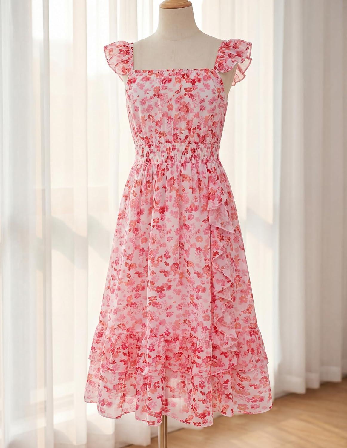 imageGRACE KARIN Girls Flutter Sleeve Smocked Floral Dresses Kids Easter Spring Summer Dress Teen Hawaiian Maxi Long DressesPink Floral