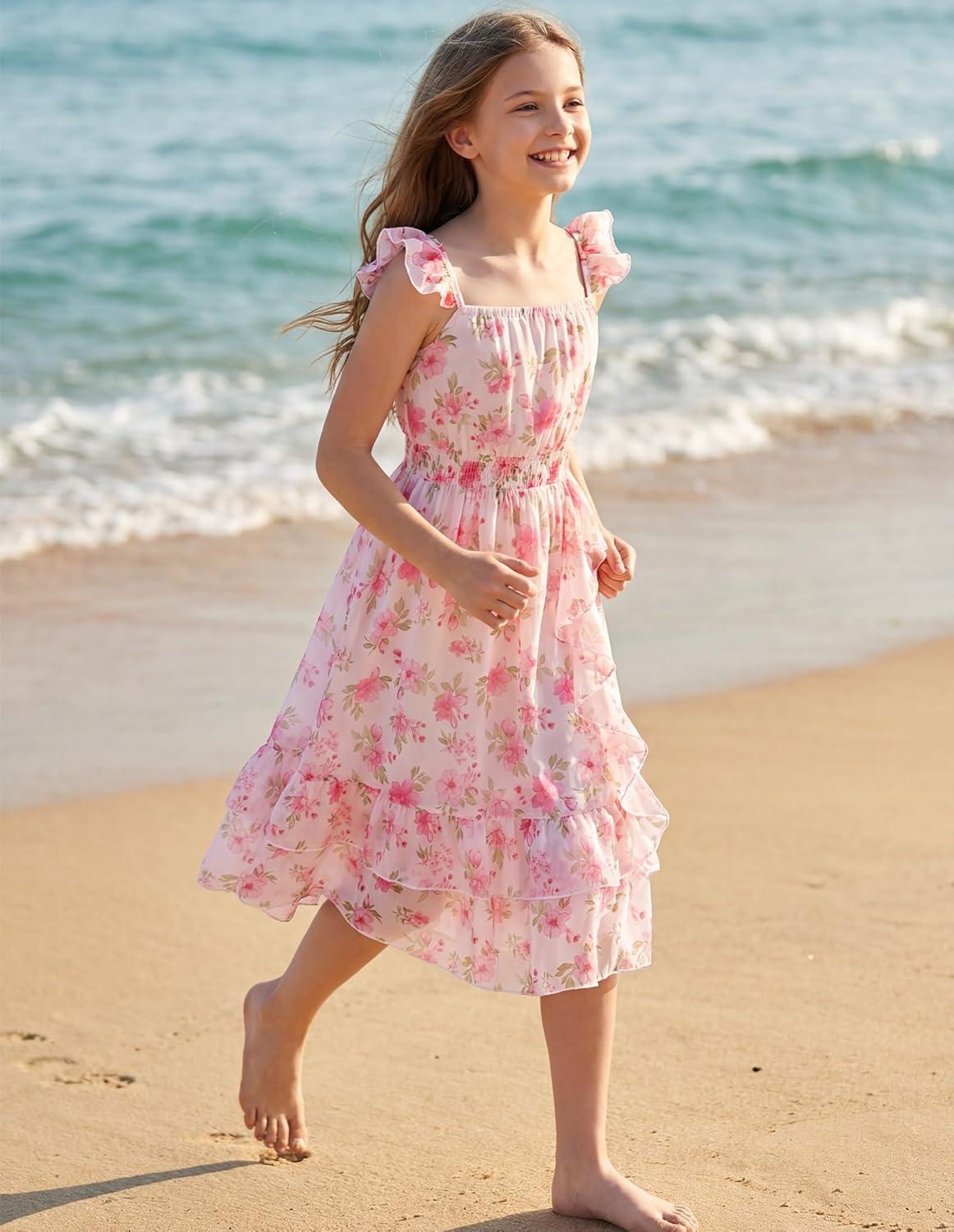 imageGRACE KARIN Girls Flutter Sleeve Smocked Floral Dresses Kids Easter Spring Summer Dress Teen Hawaiian Maxi Long DressesPink Flower