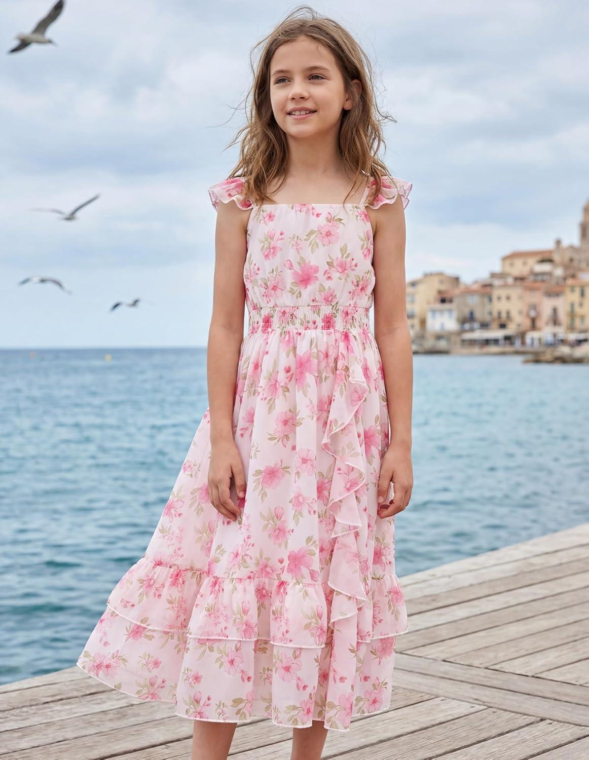 imageGRACE KARIN Girls Flutter Sleeve Smocked Floral Dresses Kids Easter Spring Summer Dress Teen Hawaiian Maxi Long DressesPink Flower