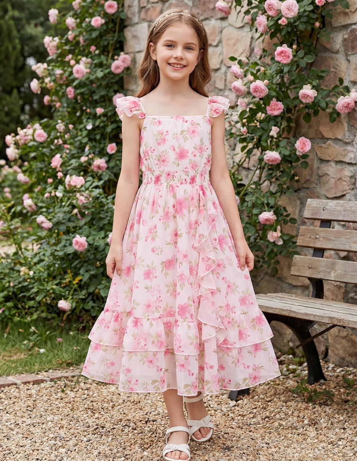imageGRACE KARIN Girls Flutter Sleeve Smocked Floral Dresses Kids Easter Spring Summer Dress Teen Hawaiian Maxi Long DressesPink Flower