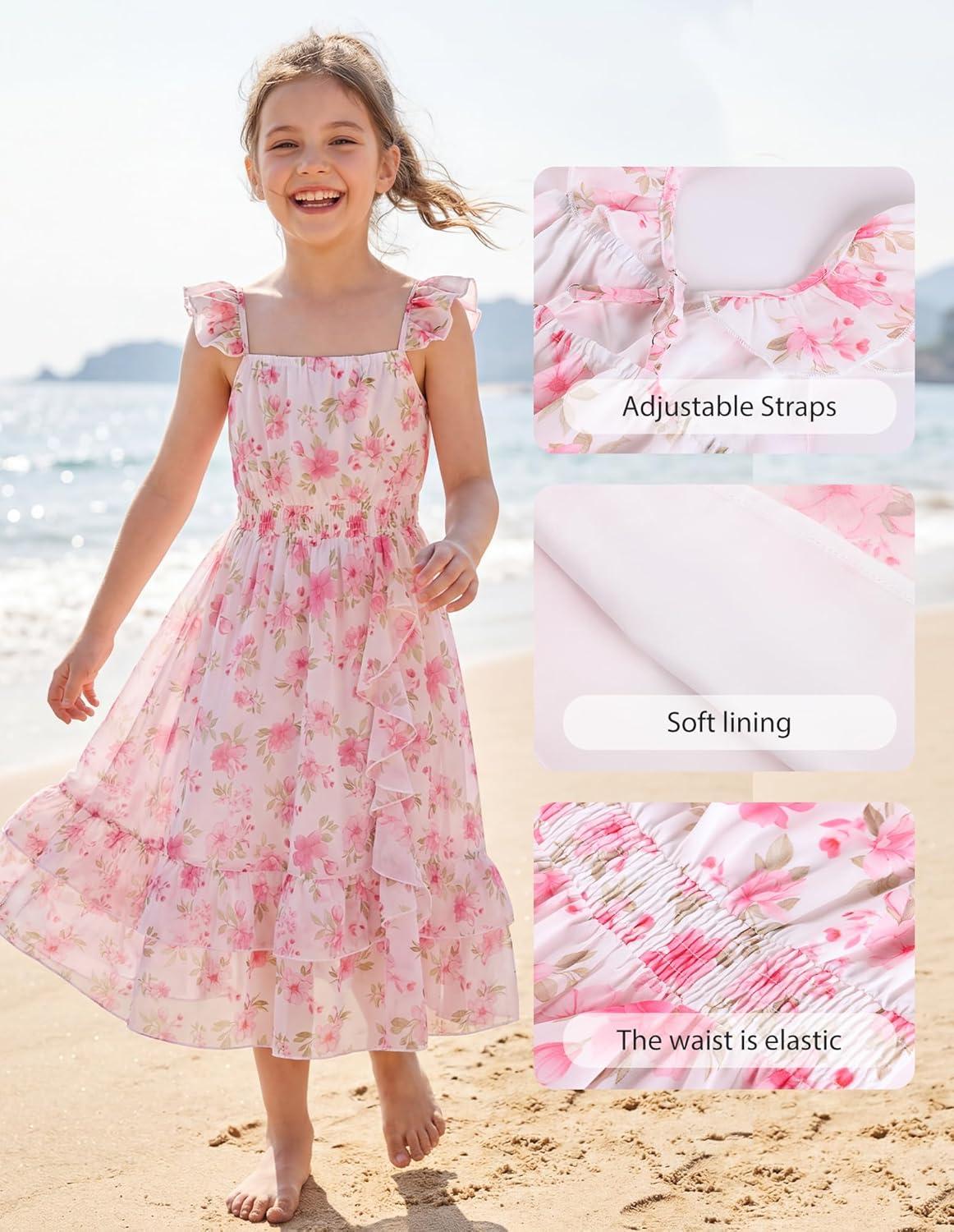 imageGRACE KARIN Girls Flutter Sleeve Smocked Floral Dresses Kids Easter Spring Summer Dress Teen Hawaiian Maxi Long DressesPink Flower