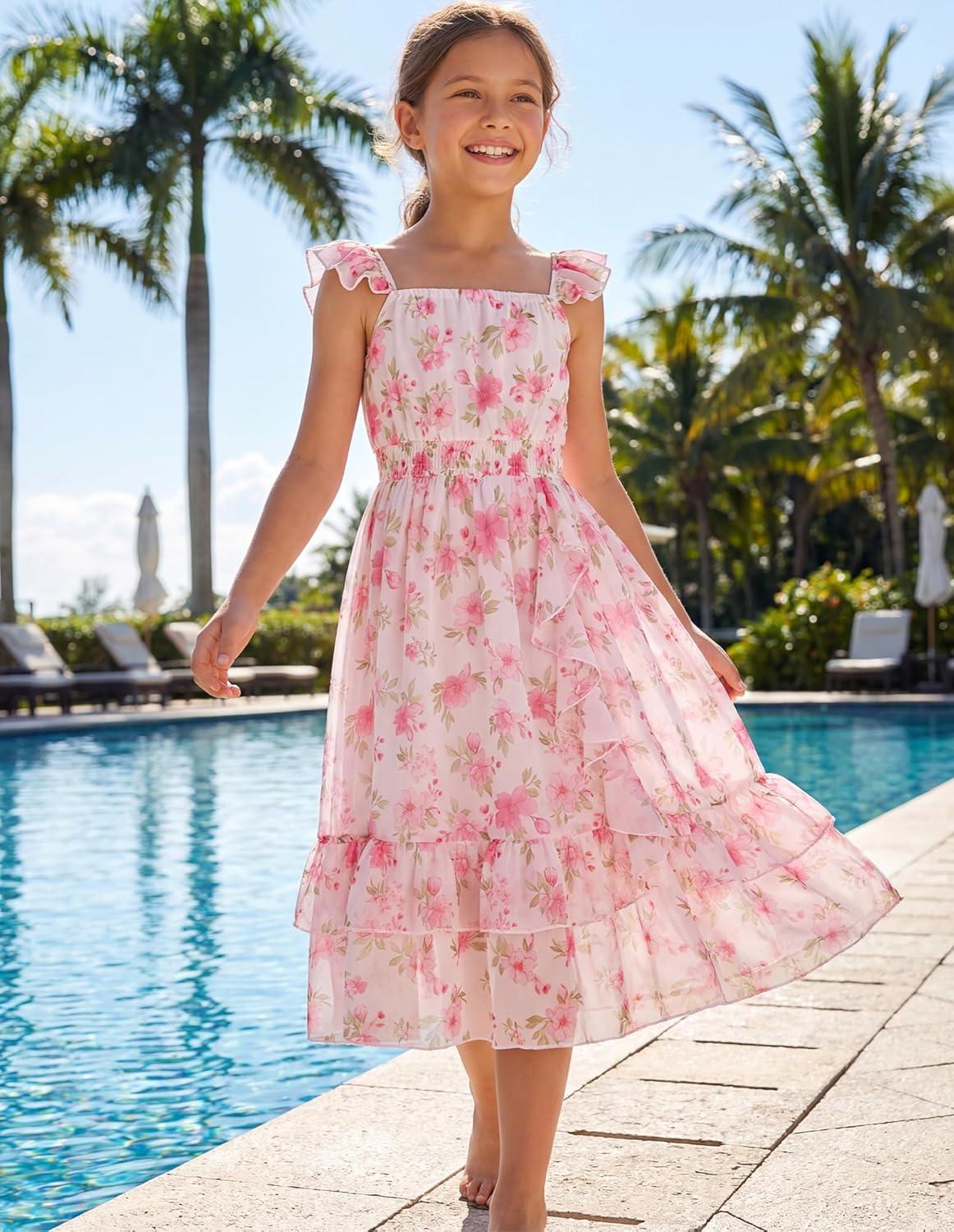 imageGRACE KARIN Girls Flutter Sleeve Smocked Floral Dresses Kids Easter Spring Summer Dress Teen Hawaiian Maxi Long DressesPink Flower