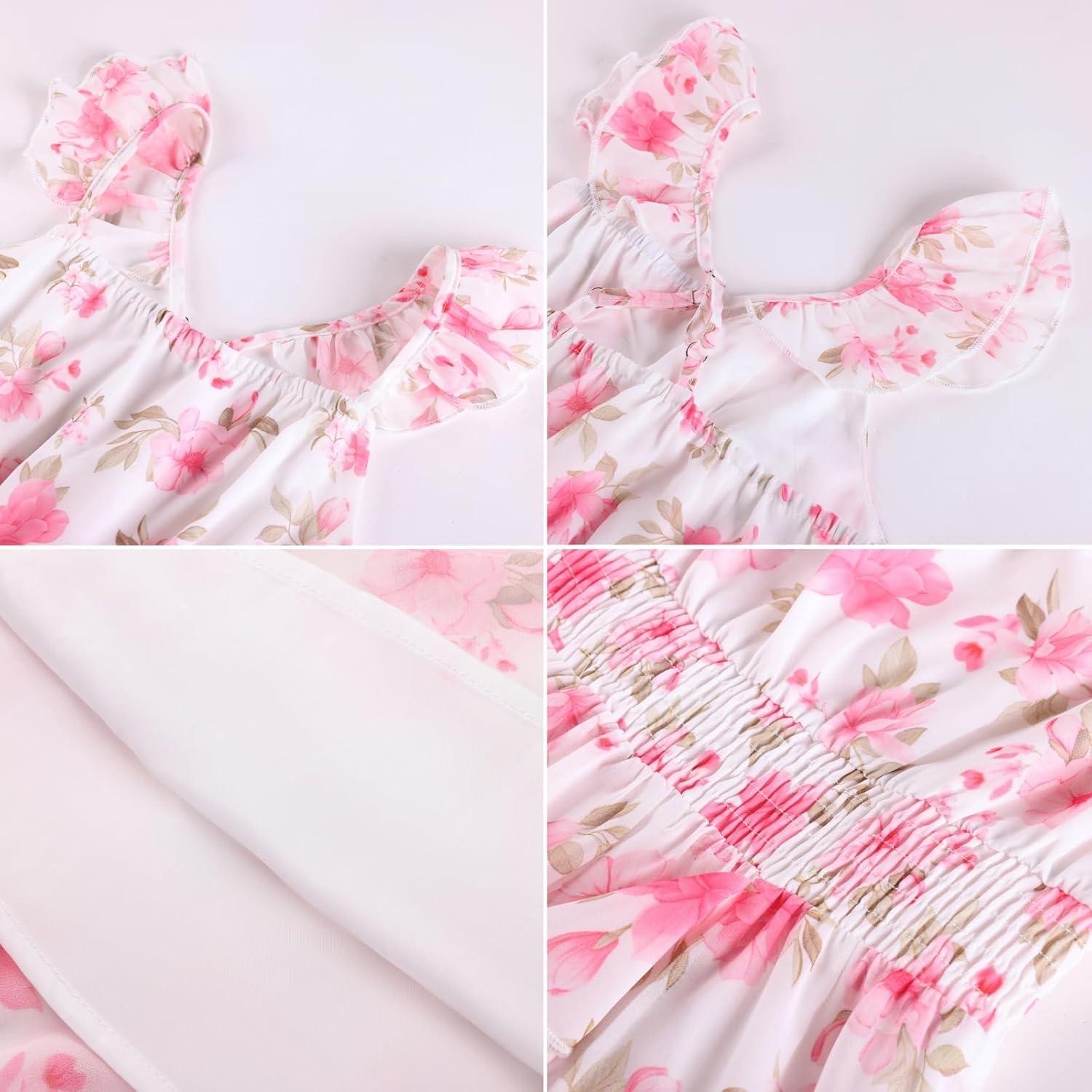 imageGRACE KARIN Girls Flutter Sleeve Smocked Floral Dresses Kids Easter Spring Summer Dress Teen Hawaiian Maxi Long DressesPink Flower