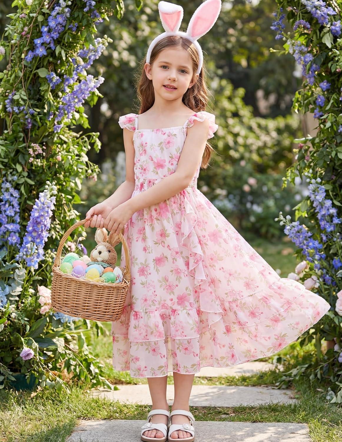 imageGRACE KARIN Girls Flutter Sleeve Smocked Floral Dresses Kids Easter Spring Summer Dress Teen Hawaiian Maxi Long DressesPink Flower