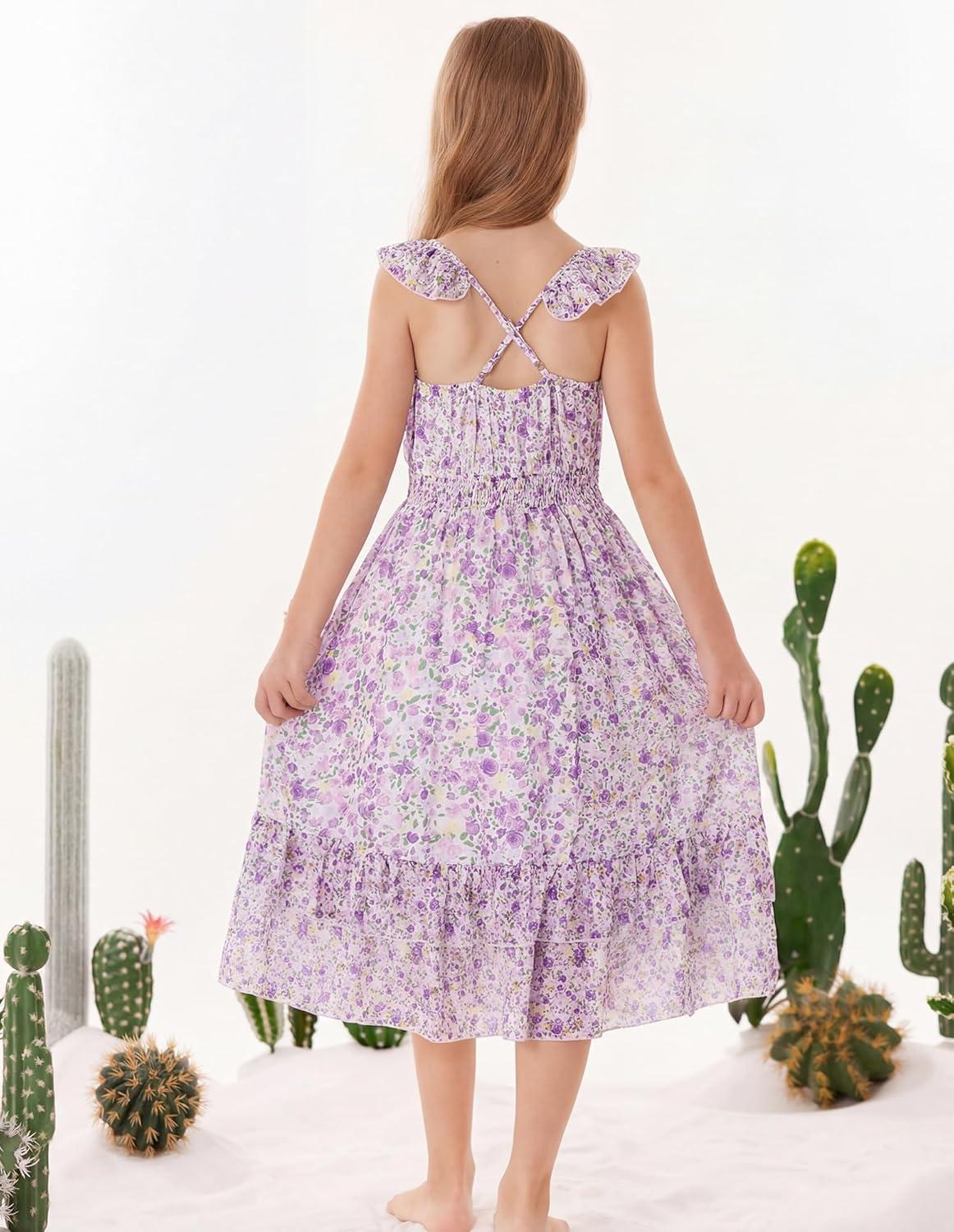imageGRACE KARIN Girls Flutter Sleeve Smocked Floral Dresses Kids Easter Spring Summer Dress Teen Hawaiian Maxi Long DressesPurple Floral