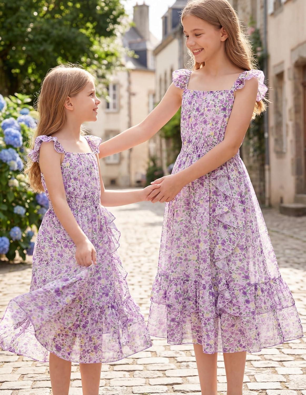 imageGRACE KARIN Girls Flutter Sleeve Smocked Floral Dresses Kids Easter Spring Summer Dress Teen Hawaiian Maxi Long DressesPurple Floral