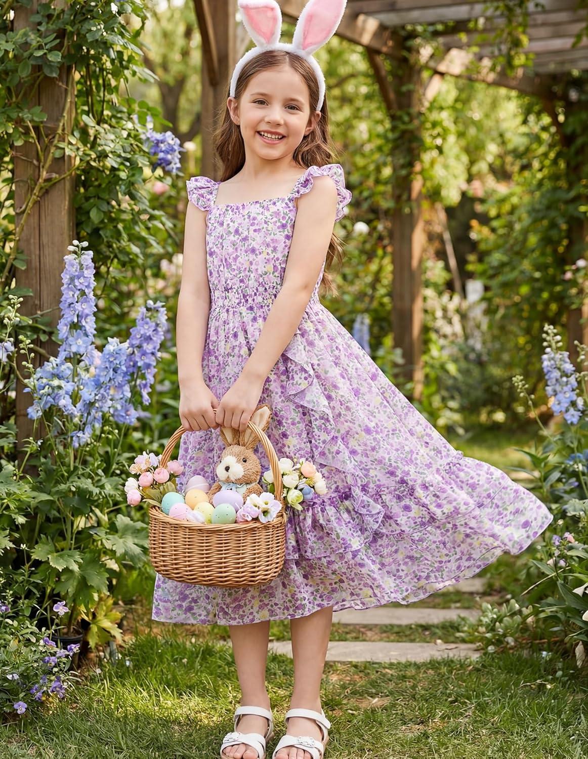 imageGRACE KARIN Girls Flutter Sleeve Smocked Floral Dresses Kids Easter Spring Summer Dress Teen Hawaiian Maxi Long DressesPurple Floral