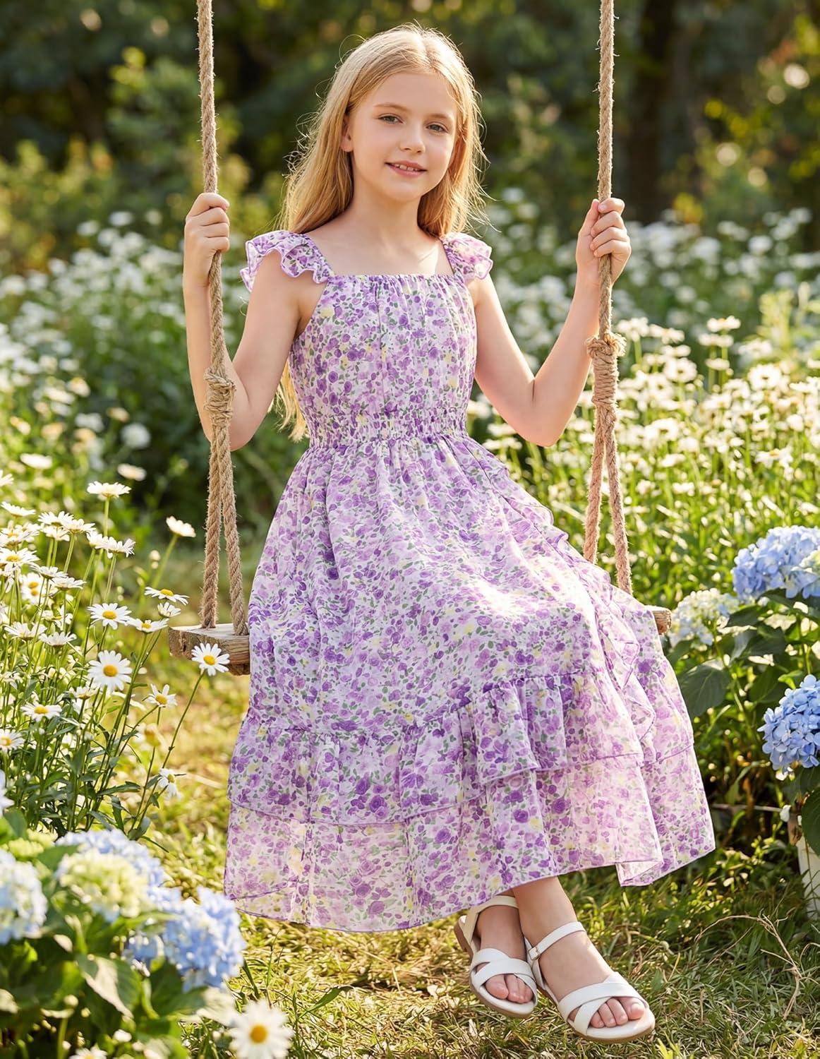imageGRACE KARIN Girls Flutter Sleeve Smocked Floral Dresses Kids Easter Spring Summer Dress Teen Hawaiian Maxi Long DressesPurple Floral