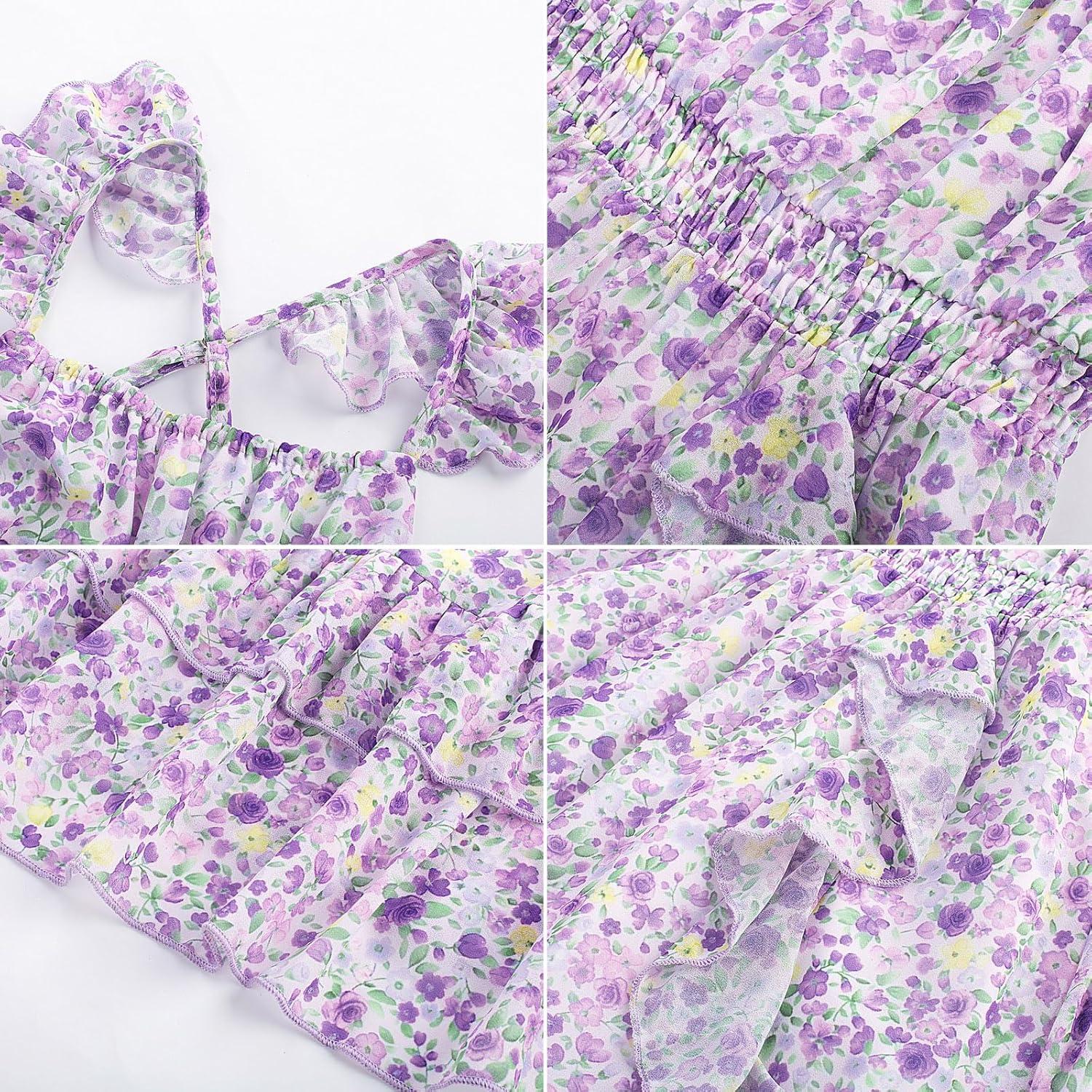 imageGRACE KARIN Girls Flutter Sleeve Smocked Floral Dresses Kids Easter Spring Summer Dress Teen Hawaiian Maxi Long DressesPurple Floral