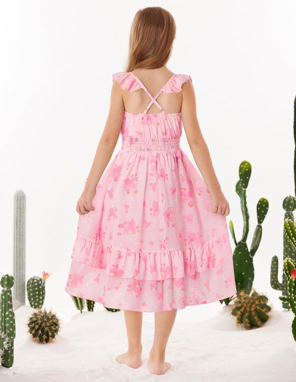 imageGRACE KARIN Girls Flutter Sleeve Smocked Floral Dresses Kids Easter Spring Summer Dress Teen Hawaiian Maxi Long DressesRose Pink Floral