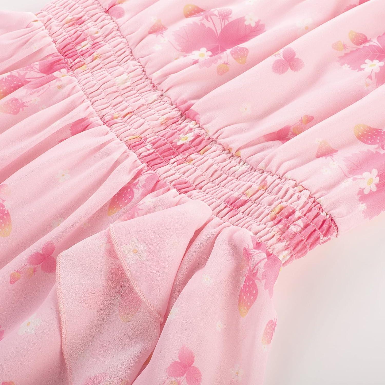 imageGRACE KARIN Girls Flutter Sleeve Smocked Floral Dresses Kids Easter Spring Summer Dress Teen Hawaiian Maxi Long DressesRose Pink Floral