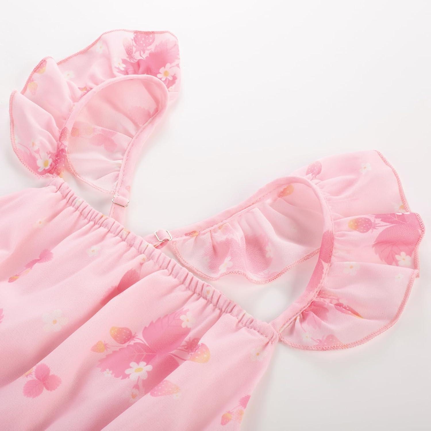 imageGRACE KARIN Girls Flutter Sleeve Smocked Floral Dresses Kids Easter Spring Summer Dress Teen Hawaiian Maxi Long DressesRose Pink Floral