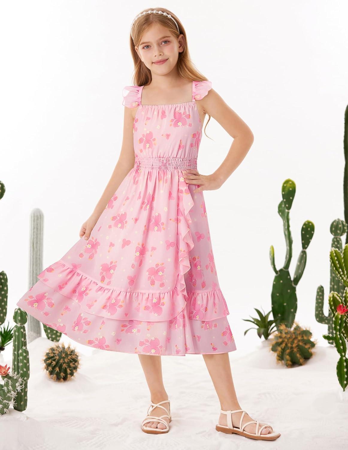 imageGRACE KARIN Girls Flutter Sleeve Smocked Floral Dresses Kids Easter Spring Summer Dress Teen Hawaiian Maxi Long DressesRose Pink Floral