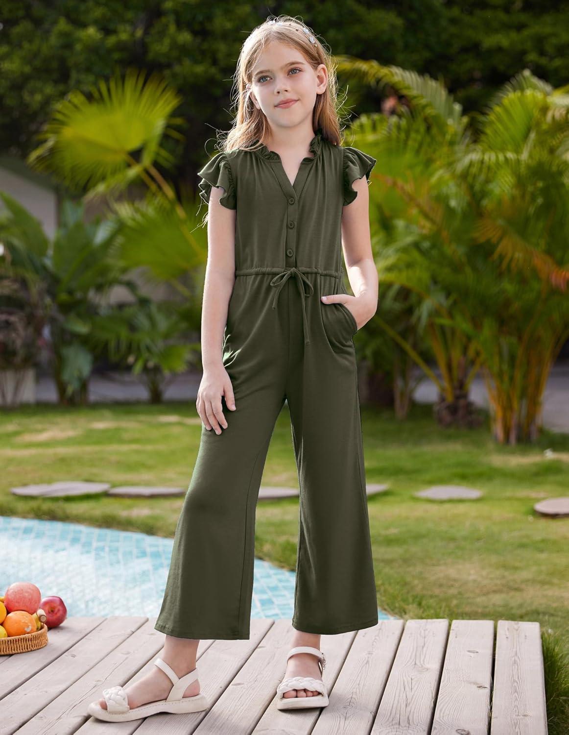 imageGRACE KARIN Girls Jumpsuit Fashion Ruffle Sleeve Drastring Waist Button Front Romper Kids Summer Outfit Size 614Army Green