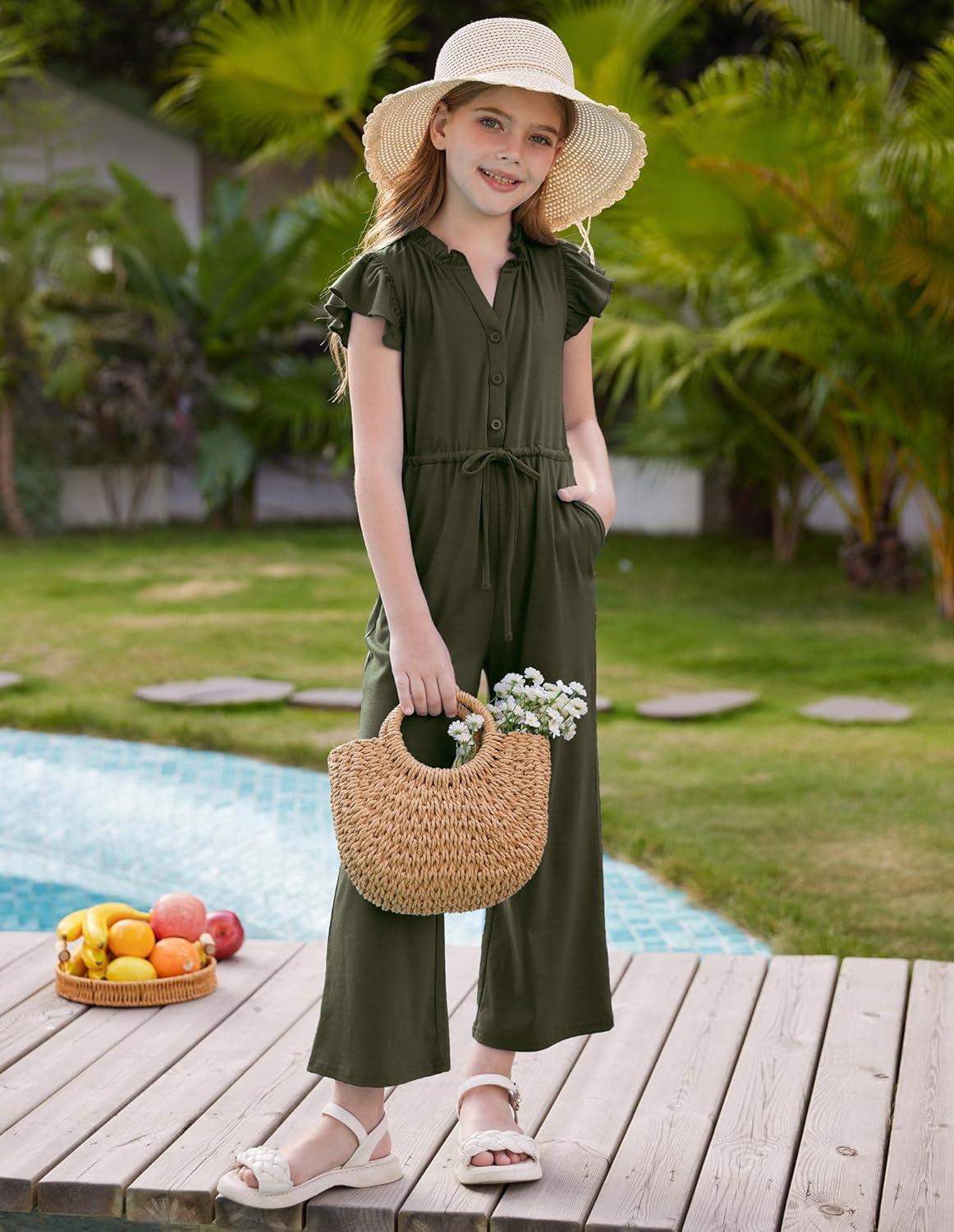 imageGRACE KARIN Girls Jumpsuit Fashion Ruffle Sleeve Drastring Waist Button Front Romper Kids Summer Outfit Size 614Army Green