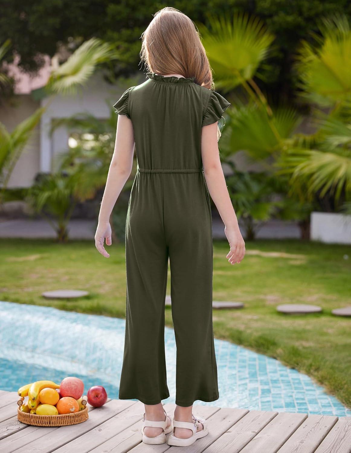 imageGRACE KARIN Girls Jumpsuit Fashion Ruffle Sleeve Drastring Waist Button Front Romper Kids Summer Outfit Size 614Army Green