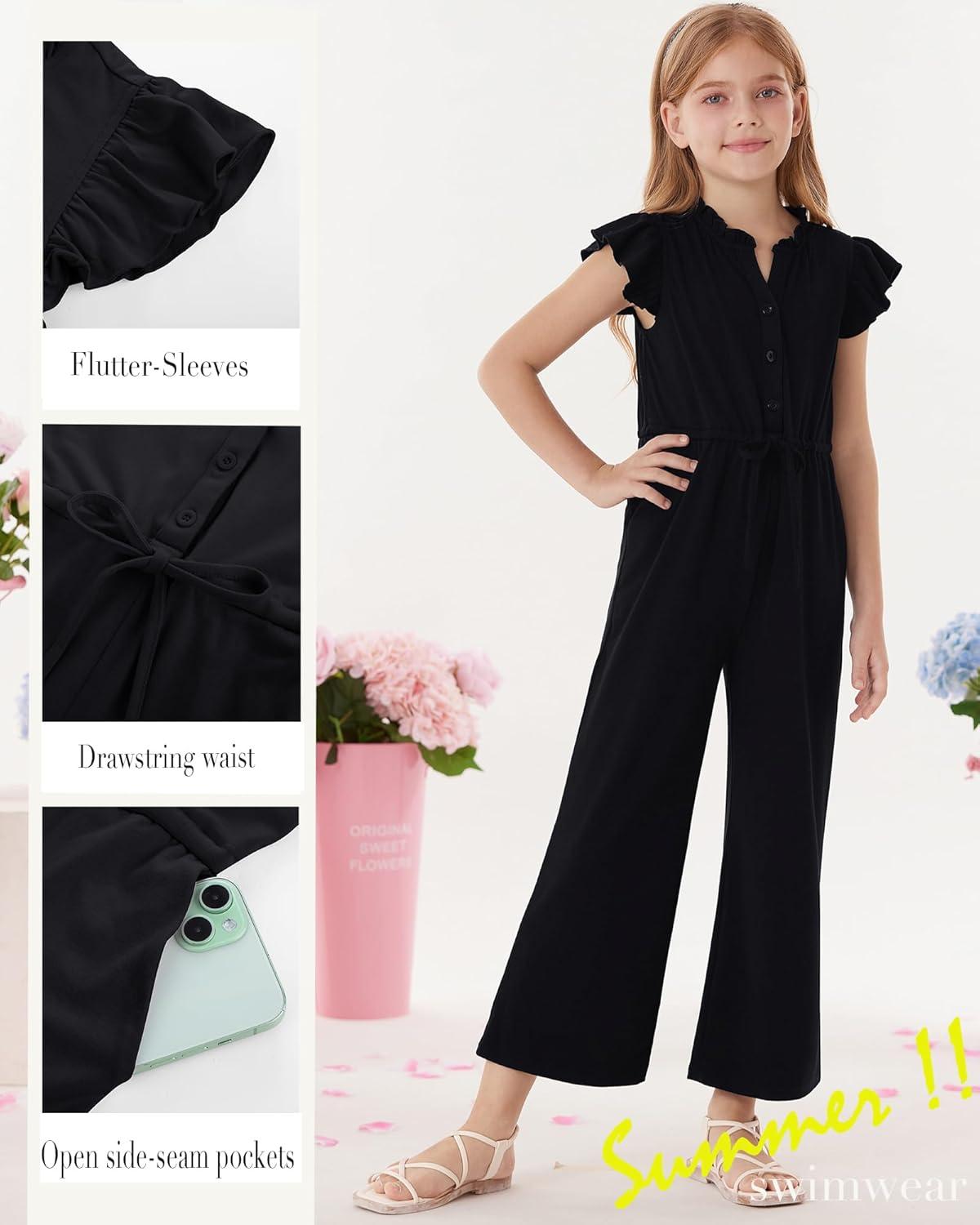 imageGRACE KARIN Girls Jumpsuit Fashion Ruffle Sleeve Drastring Waist Button Front Romper Kids Summer Outfit Size 614Black