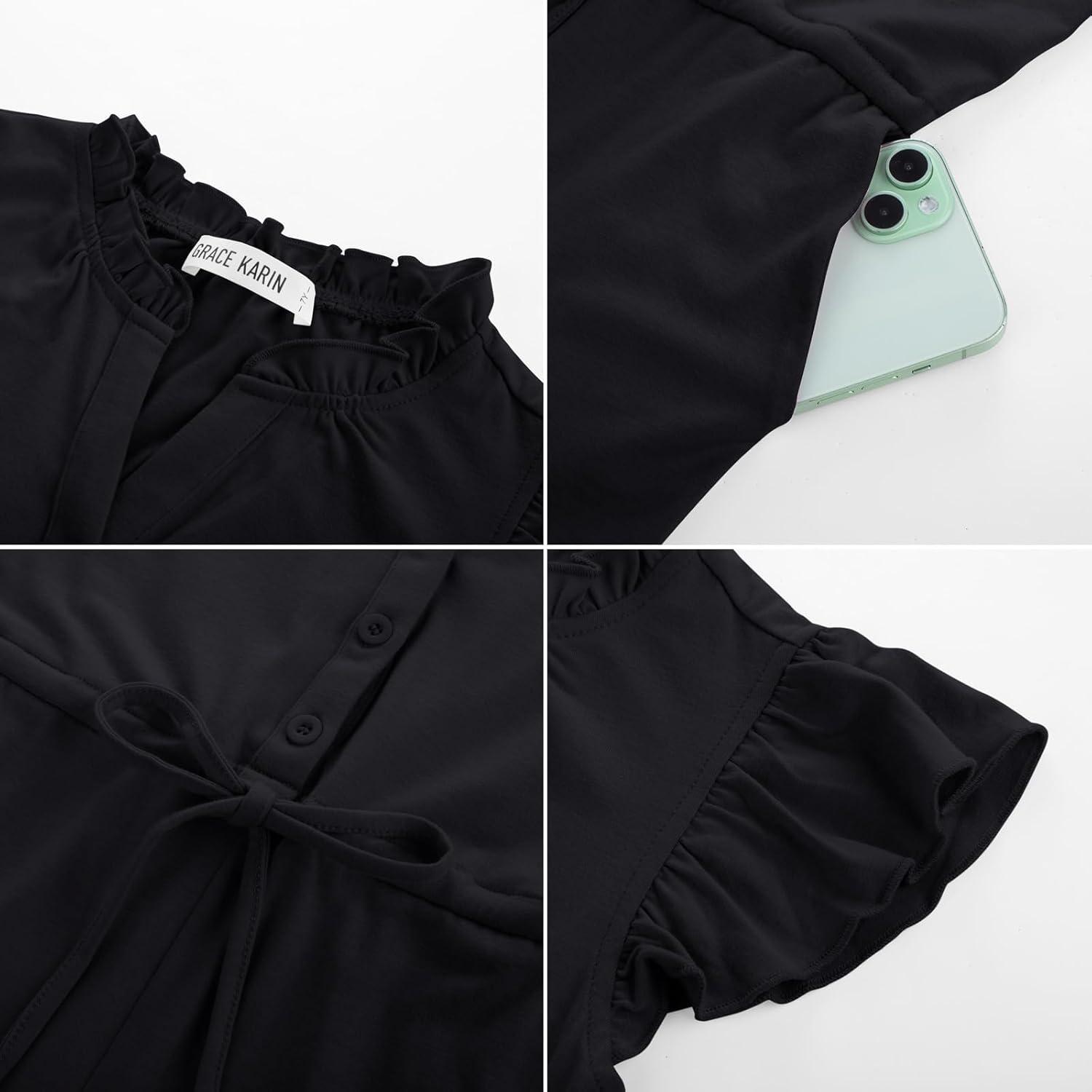 imageGRACE KARIN Girls Jumpsuit Fashion Ruffle Sleeve Drastring Waist Button Front Romper Kids Summer Outfit Size 614Black