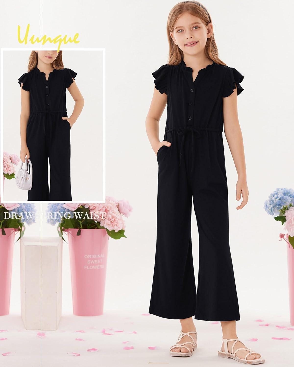 imageGRACE KARIN Girls Jumpsuit Fashion Ruffle Sleeve Drastring Waist Button Front Romper Kids Summer Outfit Size 614Black