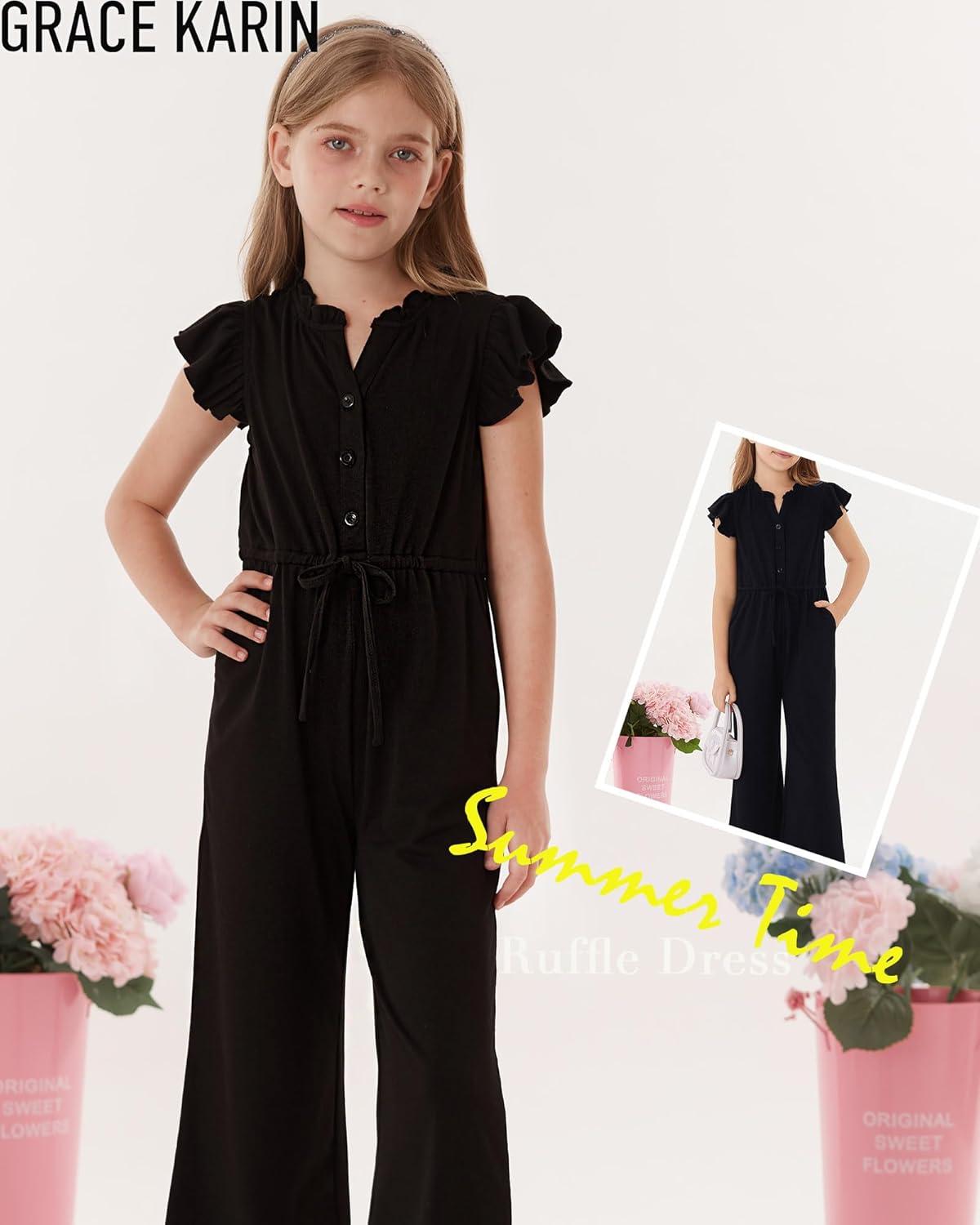 imageGRACE KARIN Girls Jumpsuit Fashion Ruffle Sleeve Drastring Waist Button Front Romper Kids Summer Outfit Size 614Black