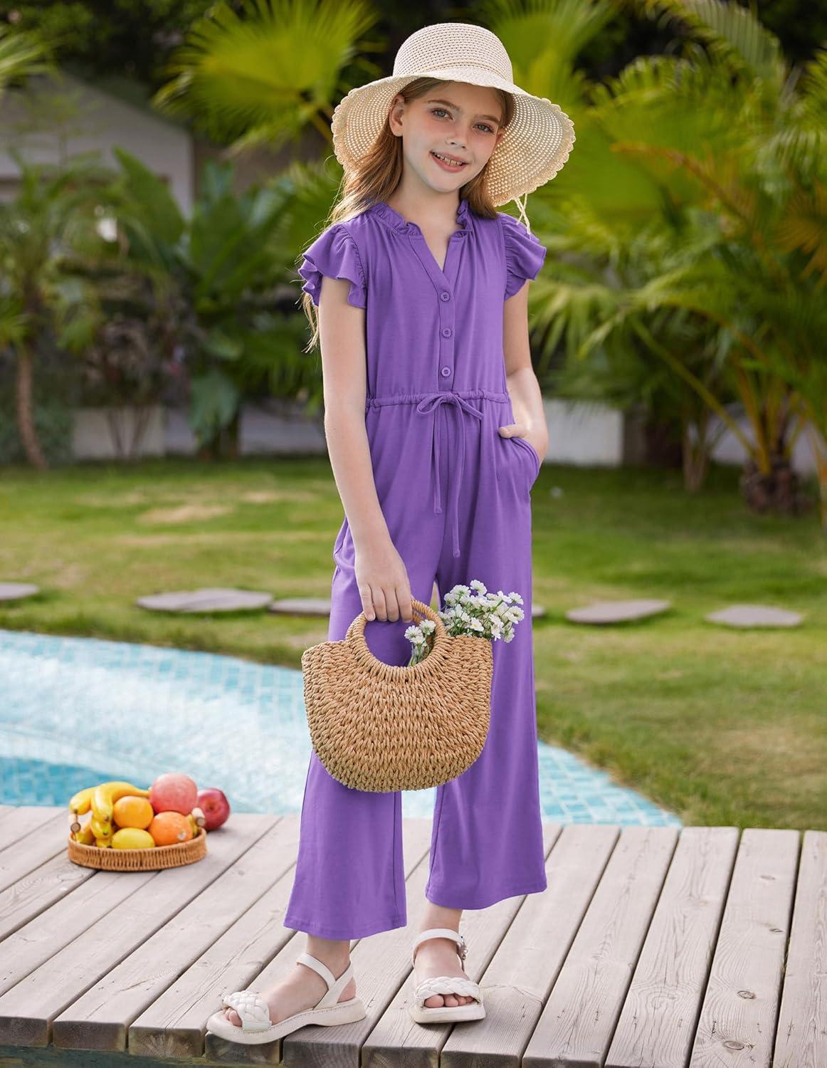 imageGRACE KARIN Girls Jumpsuit Fashion Ruffle Sleeve Drastring Waist Button Front Romper Kids Summer Outfit Size 614Dark Purple