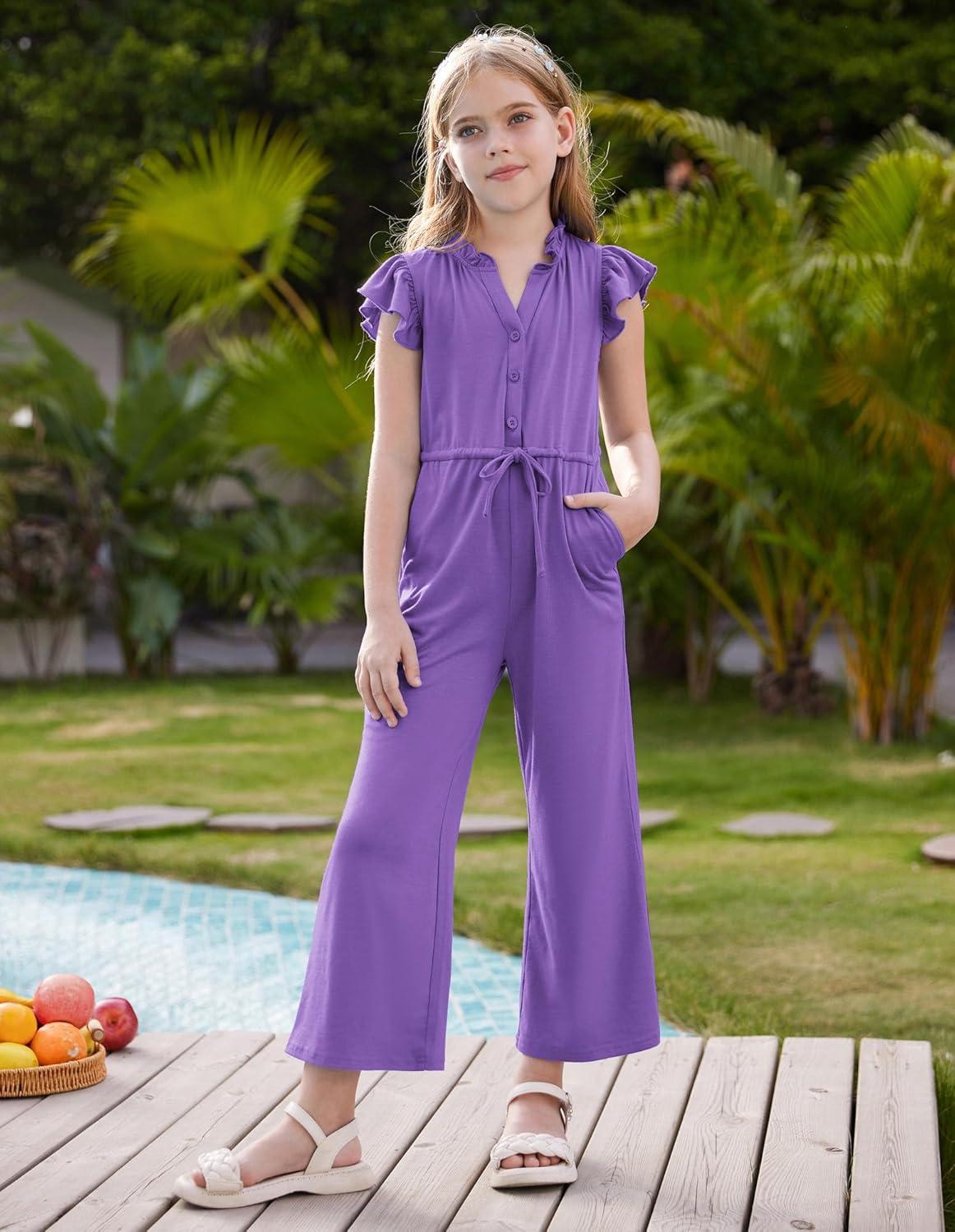 imageGRACE KARIN Girls Jumpsuit Fashion Ruffle Sleeve Drastring Waist Button Front Romper Kids Summer Outfit Size 614Dark Purple