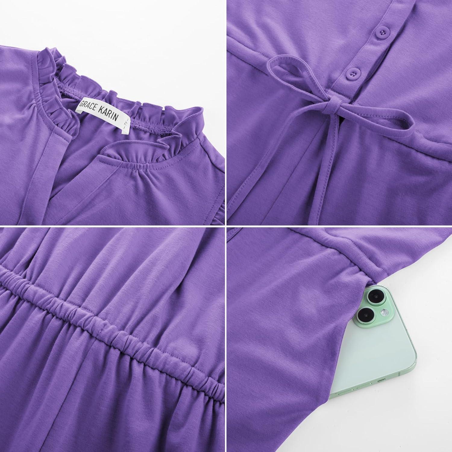 imageGRACE KARIN Girls Jumpsuit Fashion Ruffle Sleeve Drastring Waist Button Front Romper Kids Summer Outfit Size 614Dark Purple