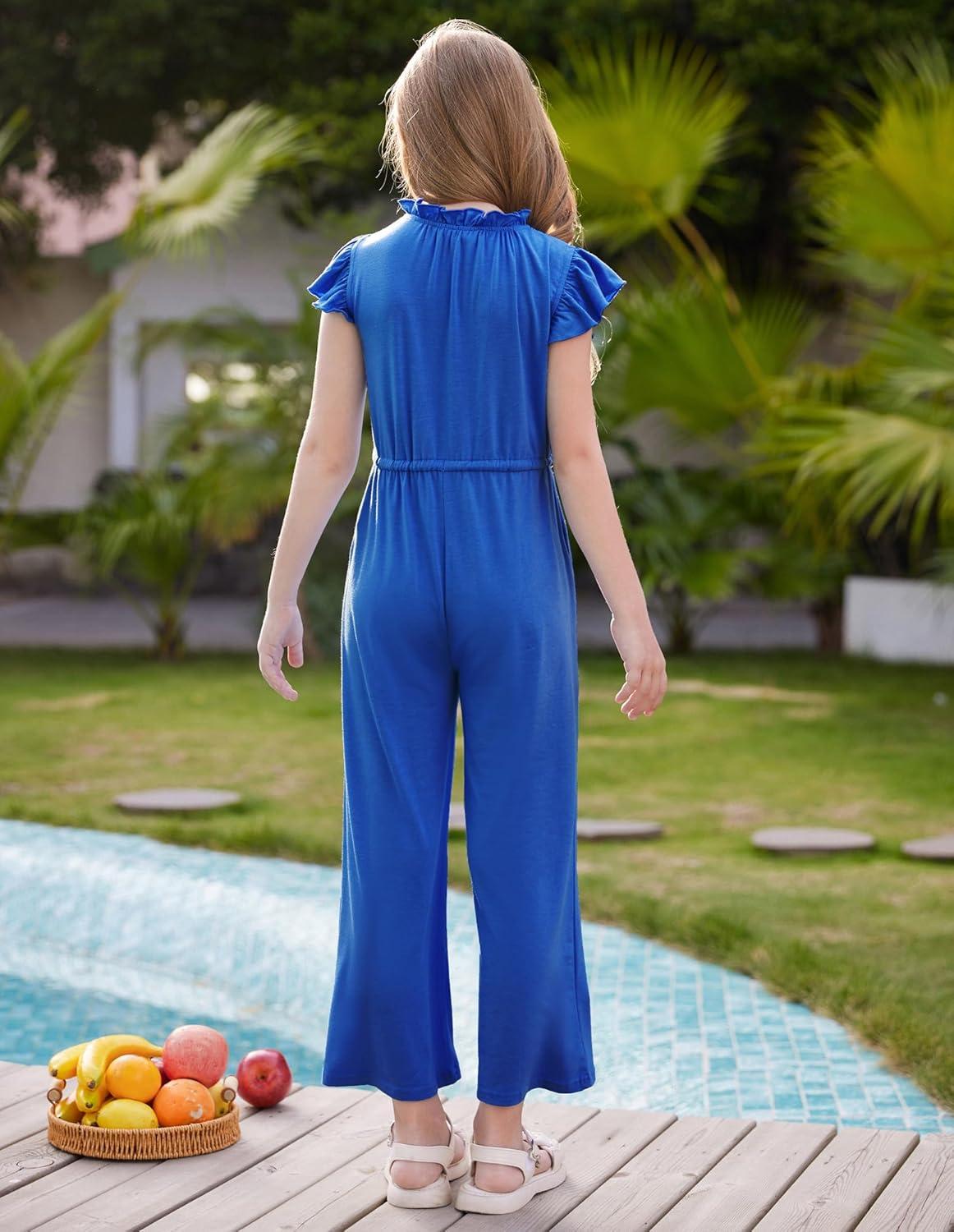 imageGRACE KARIN Girls Jumpsuit Fashion Ruffle Sleeve Drastring Waist Button Front Romper Kids Summer Outfit Size 614Klein Blue