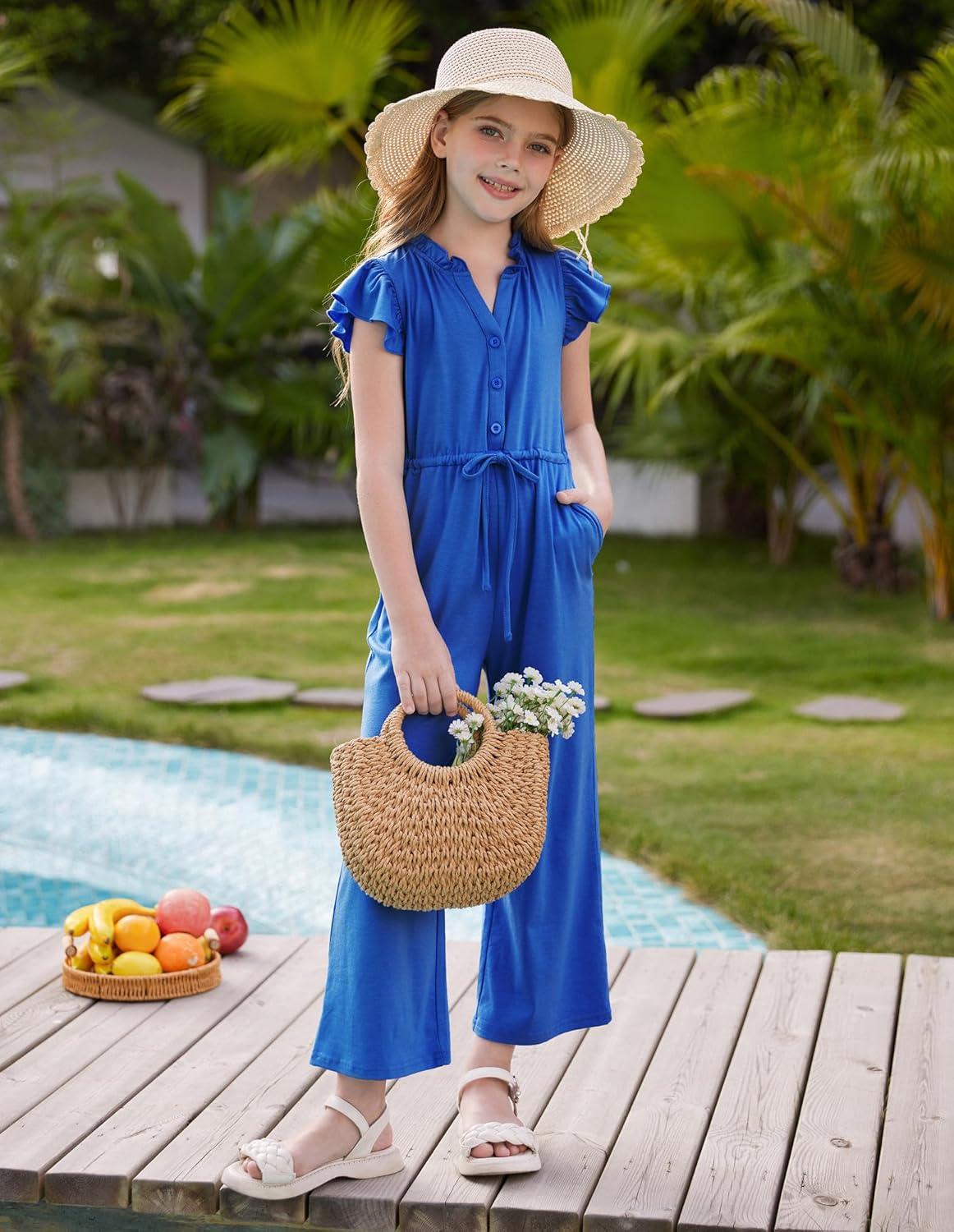 imageGRACE KARIN Girls Jumpsuit Fashion Ruffle Sleeve Drastring Waist Button Front Romper Kids Summer Outfit Size 614Klein Blue