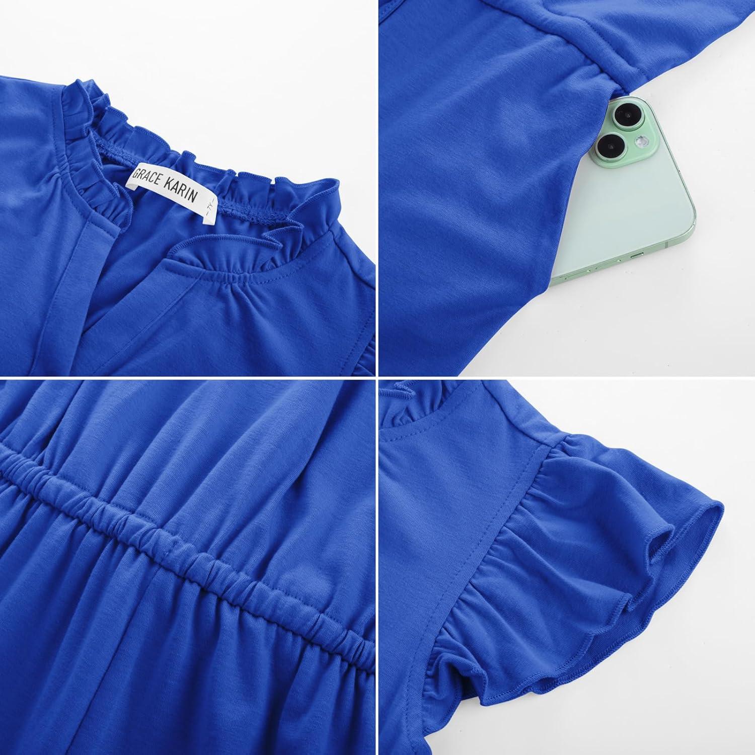imageGRACE KARIN Girls Jumpsuit Fashion Ruffle Sleeve Drastring Waist Button Front Romper Kids Summer Outfit Size 614Klein Blue