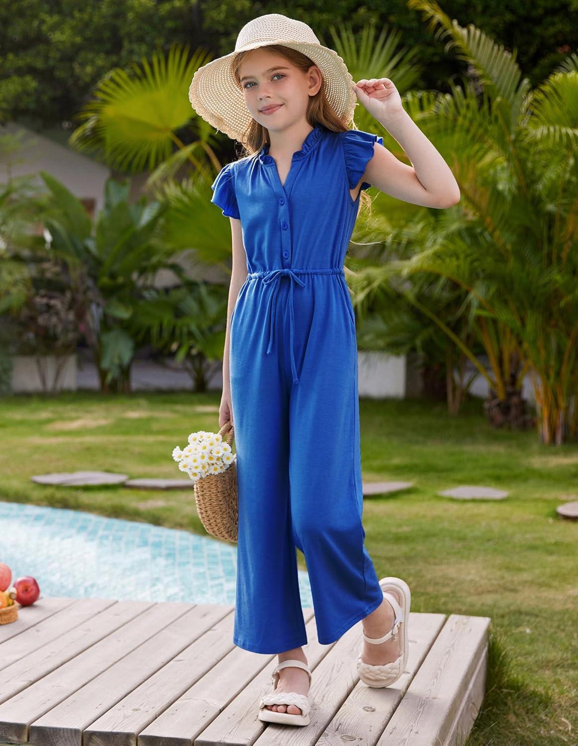 imageGRACE KARIN Girls Jumpsuit Fashion Ruffle Sleeve Drastring Waist Button Front Romper Kids Summer Outfit Size 614Klein Blue