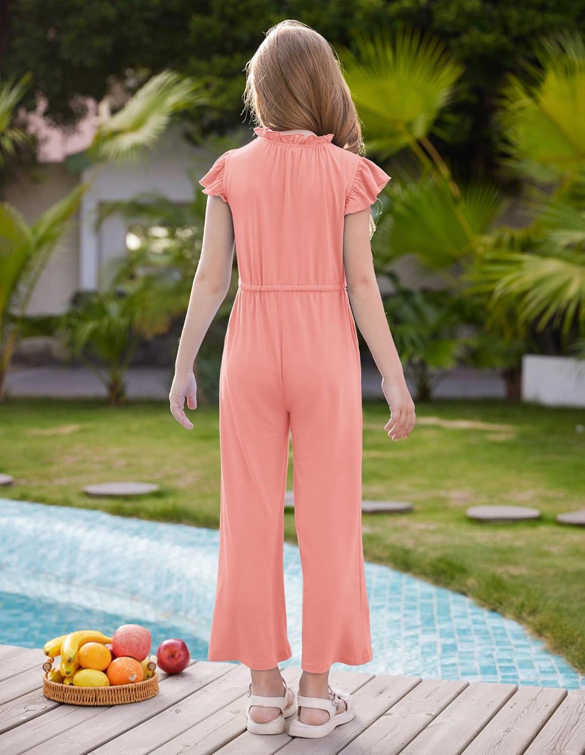 imageGRACE KARIN Girls Jumpsuit Fashion Ruffle Sleeve Drastring Waist Button Front Romper Kids Summer Outfit Size 614Leather Pink