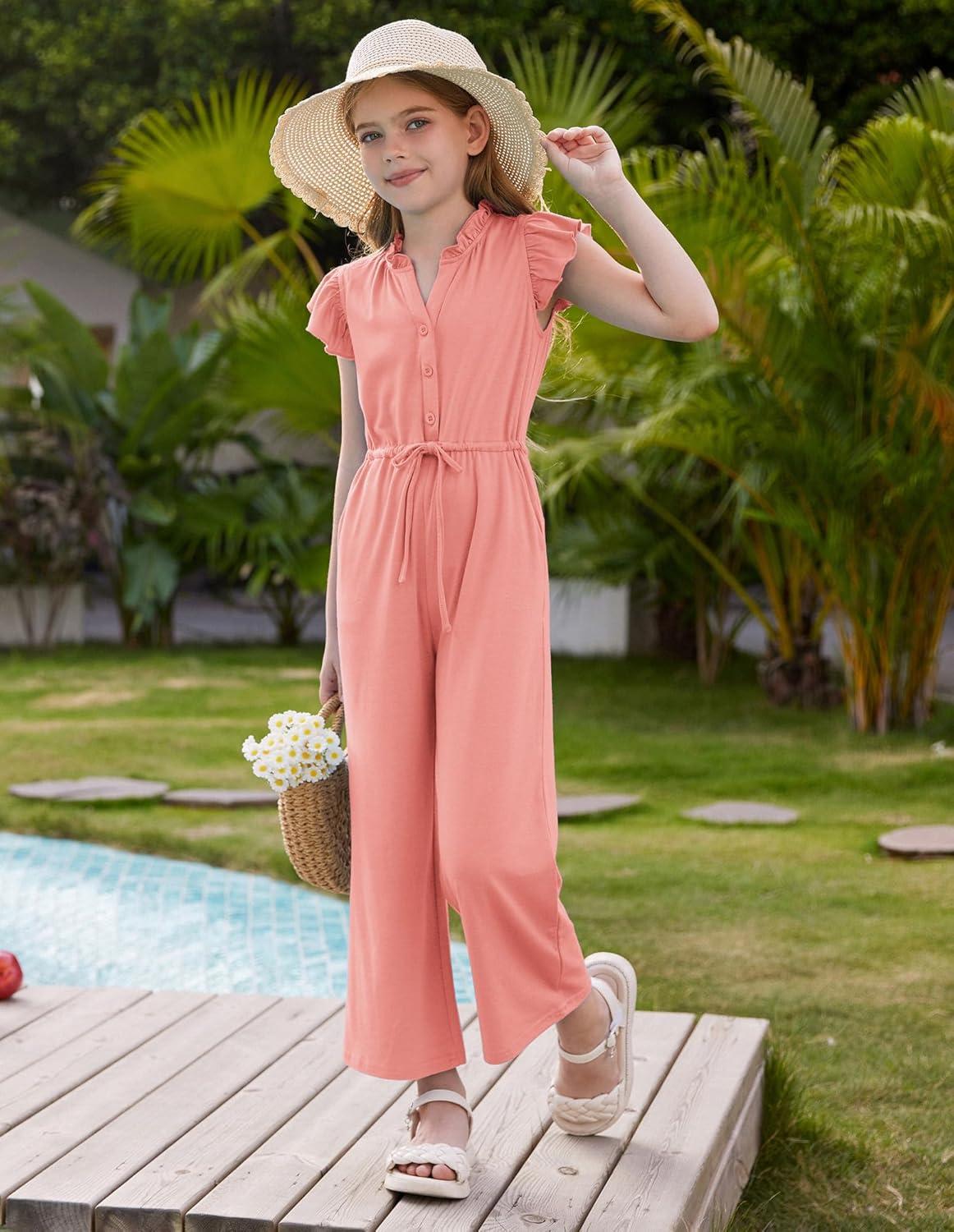 imageGRACE KARIN Girls Jumpsuit Fashion Ruffle Sleeve Drastring Waist Button Front Romper Kids Summer Outfit Size 614Leather Pink