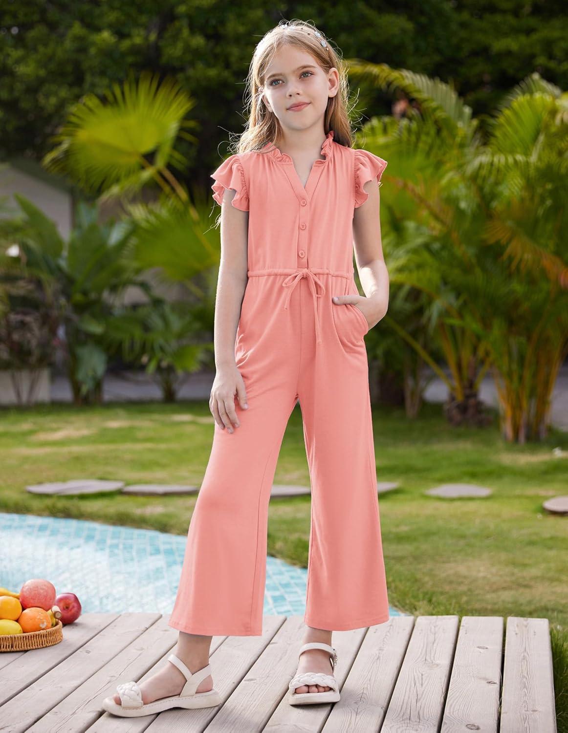 imageGRACE KARIN Girls Jumpsuit Fashion Ruffle Sleeve Drastring Waist Button Front Romper Kids Summer Outfit Size 614Leather Pink