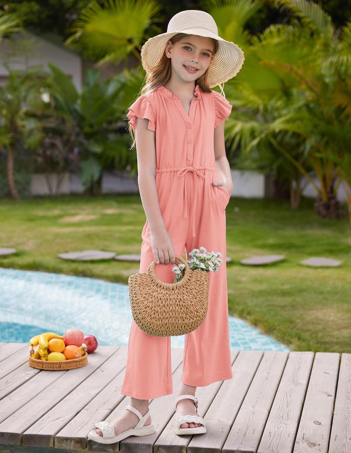 imageGRACE KARIN Girls Jumpsuit Fashion Ruffle Sleeve Drastring Waist Button Front Romper Kids Summer Outfit Size 614Leather Pink