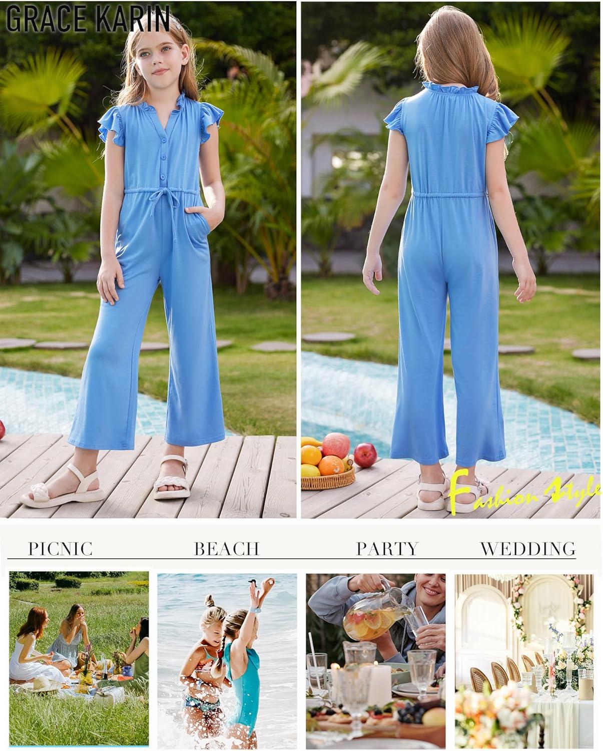 imageGRACE KARIN Girls Jumpsuit Fashion Ruffle Sleeve Drastring Waist Button Front Romper Kids Summer Outfit Size 614Light Blue