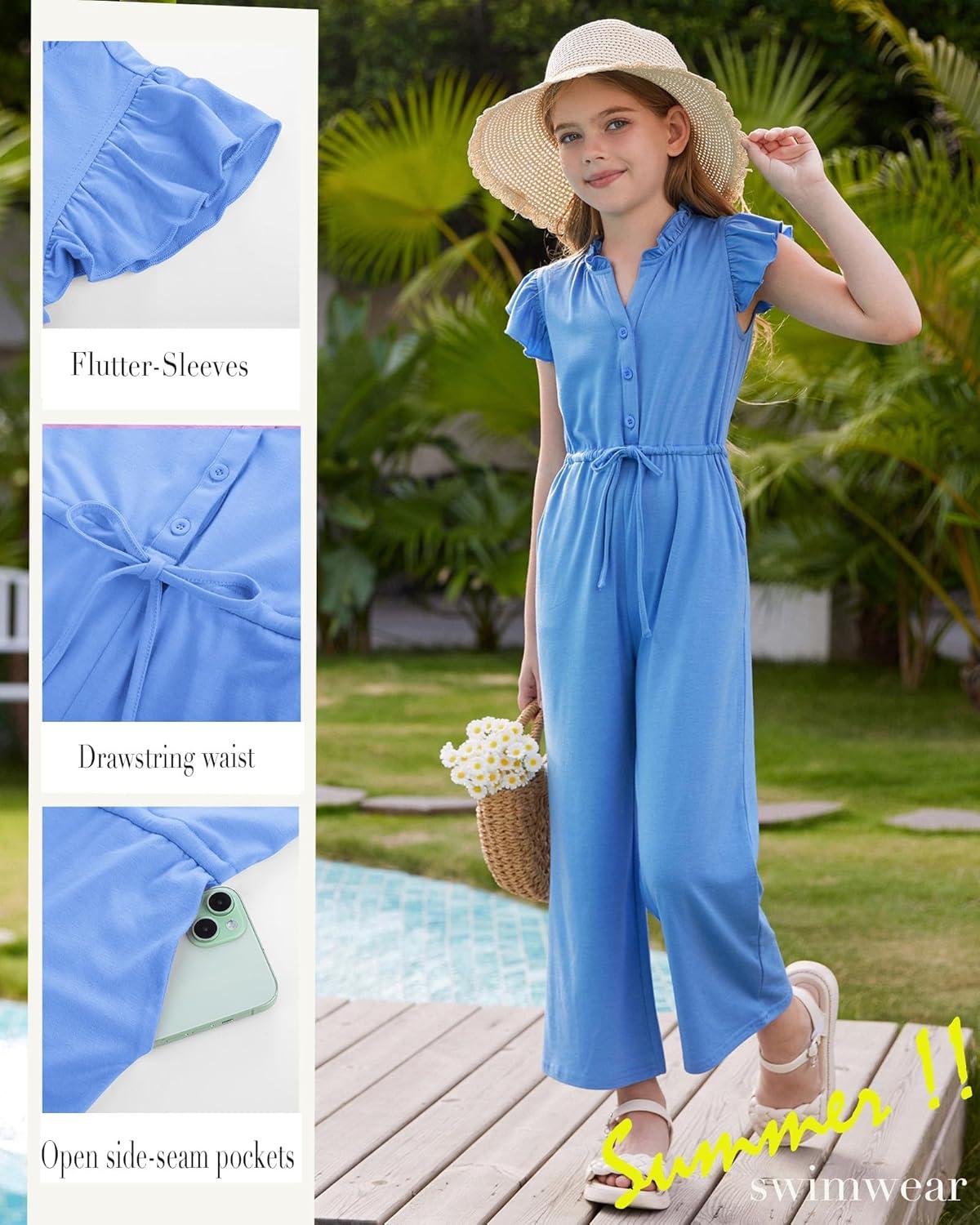 imageGRACE KARIN Girls Jumpsuit Fashion Ruffle Sleeve Drastring Waist Button Front Romper Kids Summer Outfit Size 614Light Blue