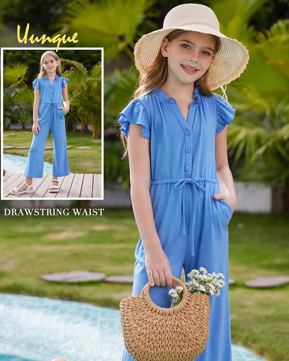 imageGRACE KARIN Girls Jumpsuit Fashion Ruffle Sleeve Drastring Waist Button Front Romper Kids Summer Outfit Size 614Light Blue