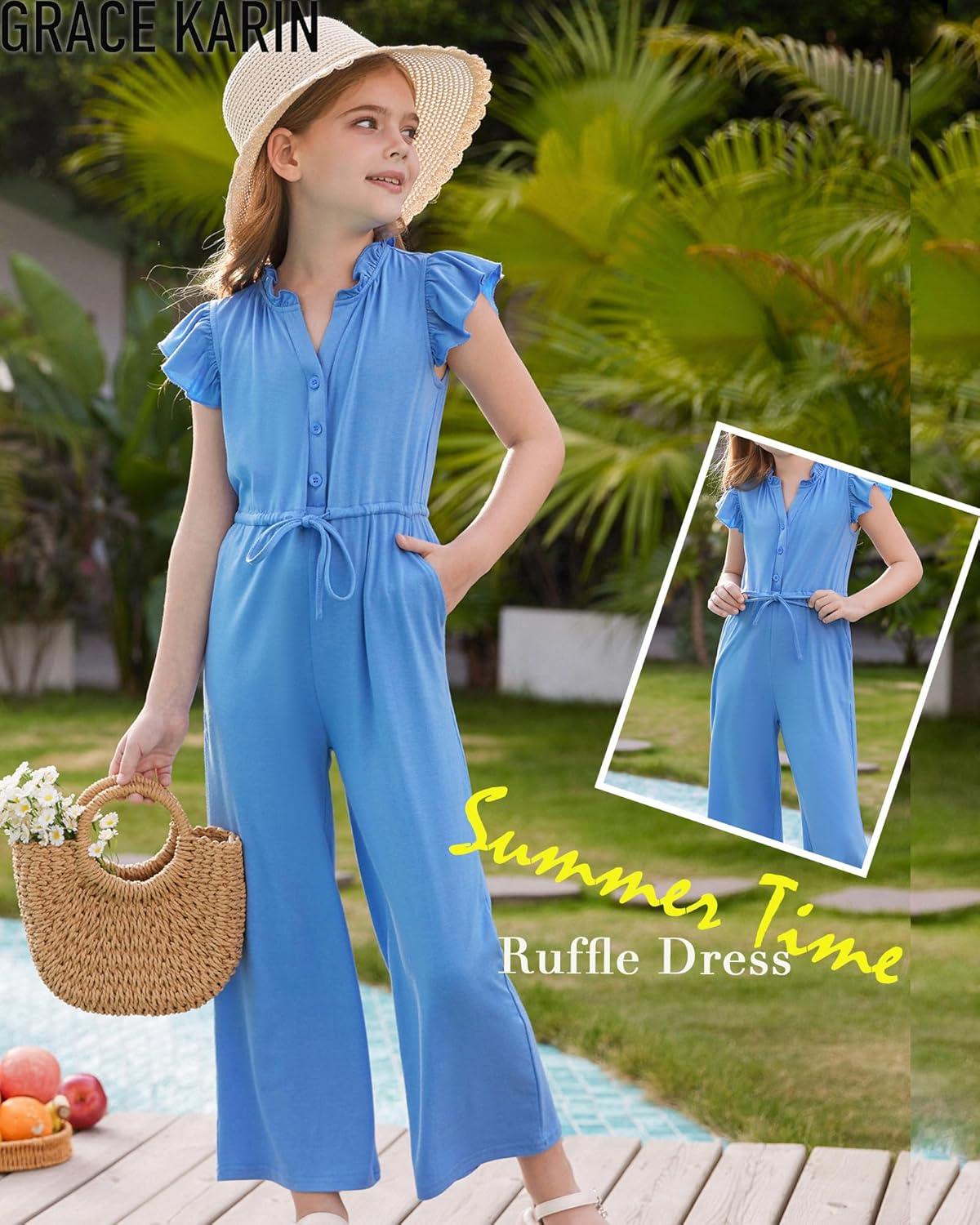 imageGRACE KARIN Girls Jumpsuit Fashion Ruffle Sleeve Drastring Waist Button Front Romper Kids Summer Outfit Size 614Light Blue
