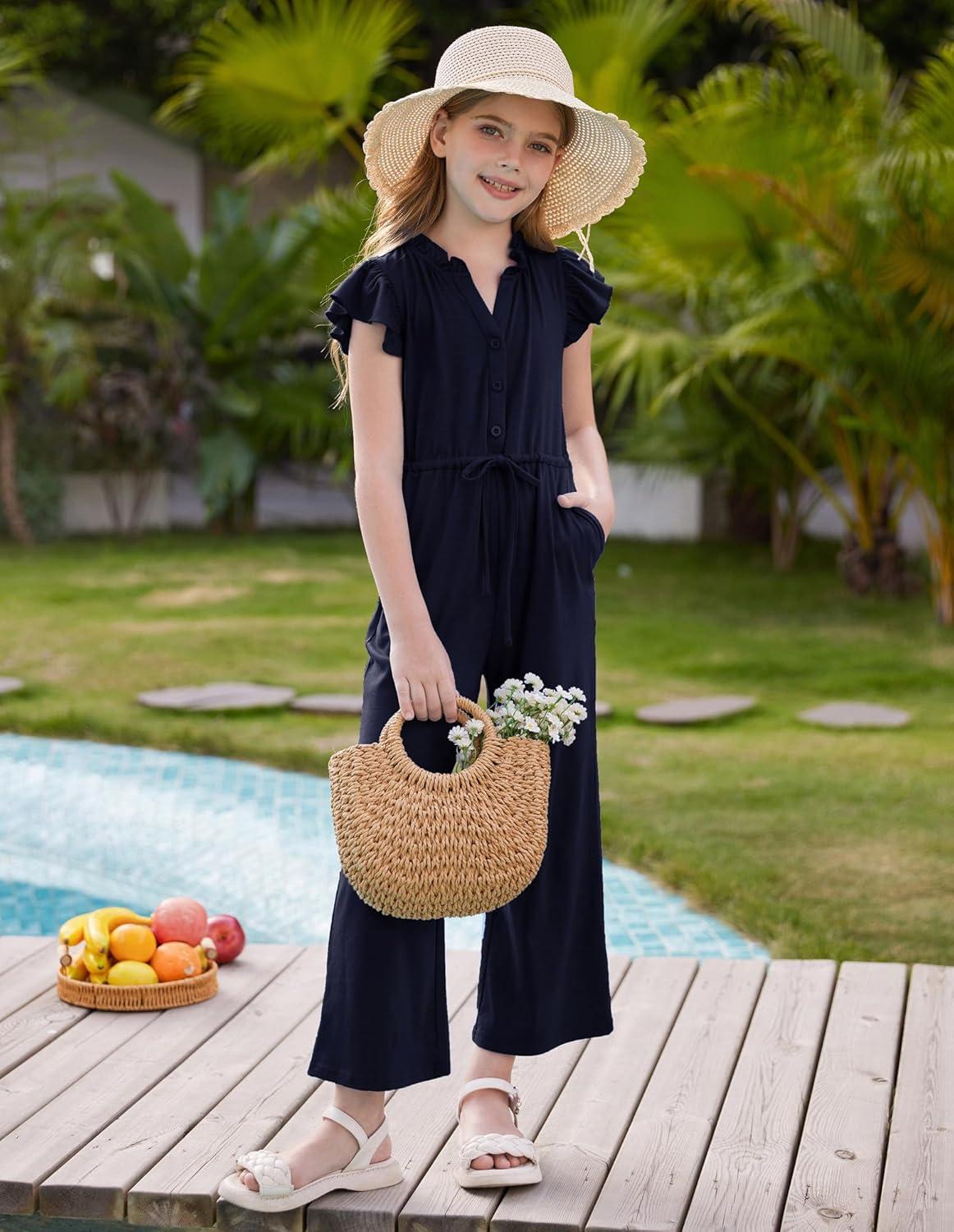 imageGRACE KARIN Girls Jumpsuit Fashion Ruffle Sleeve Drastring Waist Button Front Romper Kids Summer Outfit Size 614Navy Blue