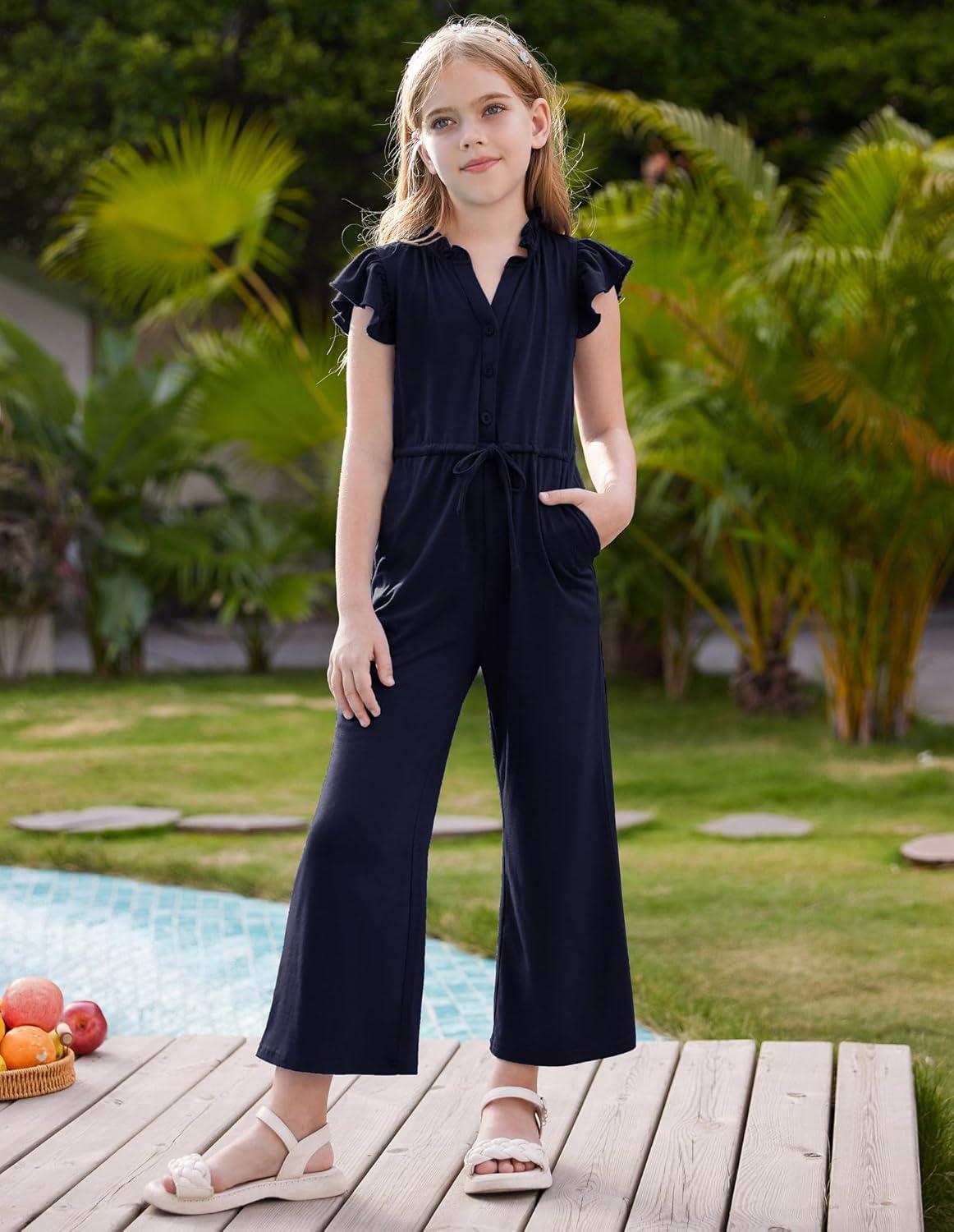 imageGRACE KARIN Girls Jumpsuit Fashion Ruffle Sleeve Drastring Waist Button Front Romper Kids Summer Outfit Size 614Navy Blue