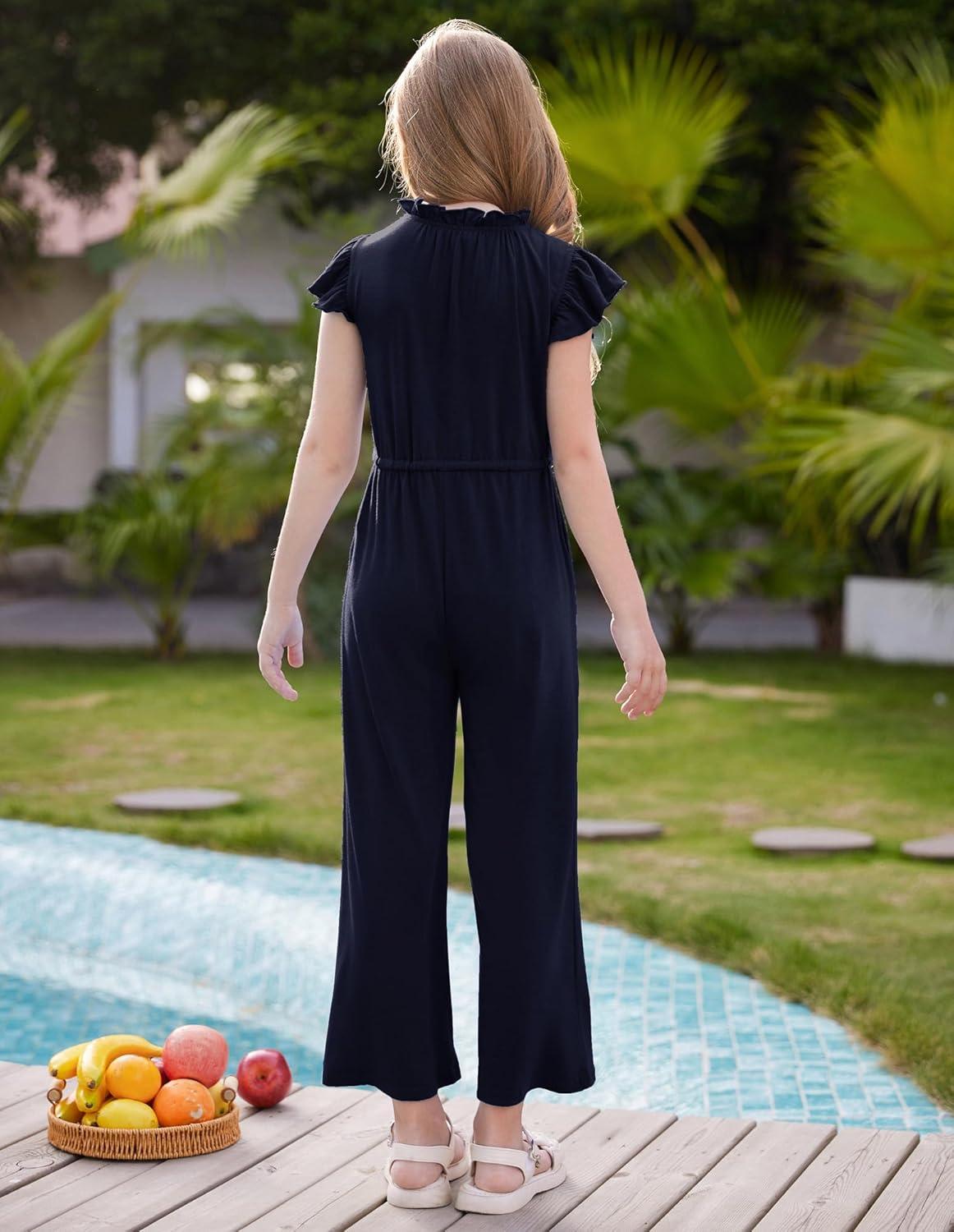 imageGRACE KARIN Girls Jumpsuit Fashion Ruffle Sleeve Drastring Waist Button Front Romper Kids Summer Outfit Size 614Navy Blue